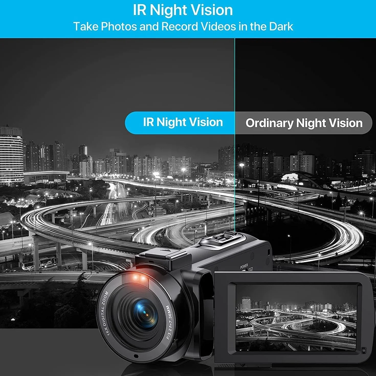 Kamera wideo Camcorder 1080P 30FPS 36MP Vlogging Kamera Recorder do YouTube, cyfrowa kamera wideo z noktowizorem IR, 3.0'' ekran IPS, zoom cyfrowy x16, cyfrowa kamera z pilotem zdalnego sterowania, 2