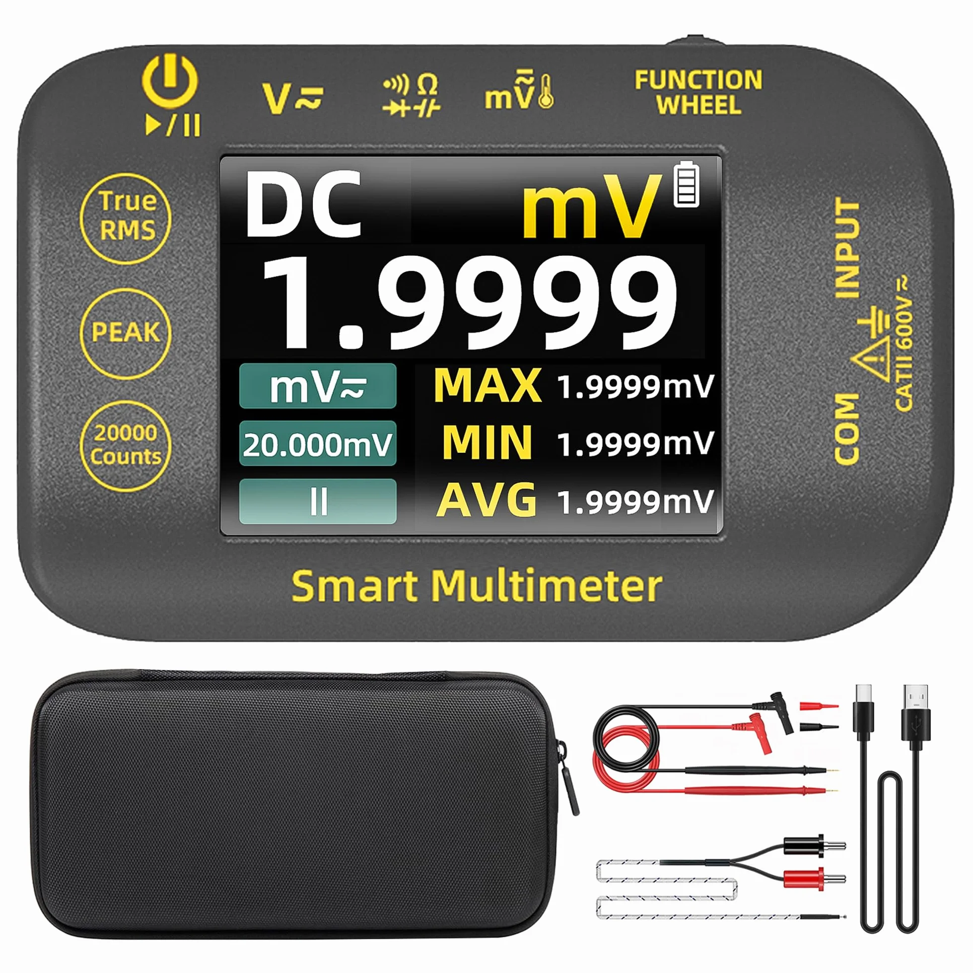 BSIDE S40 Mini kieszonkowy multimetr cyfrowy 20000 liczenia precyzyjny multimetr TRMS 1000 V z kolorowym wyświetlaczem LCD i uchwytem, tester elektryk do fotowoltaiki Millivolt AC Peak
