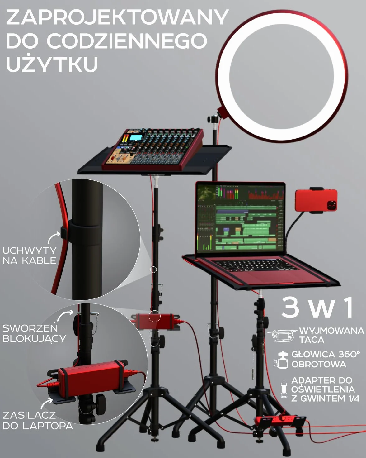 Statyw do projektora, regulowana wysokość od 66 cm do 150 cm i stojak na projektor podłogowy, przenośny stojak na laptopa, stojak na aparat fotograficzny, światło i głowicę kulową – dobrze wykonany,