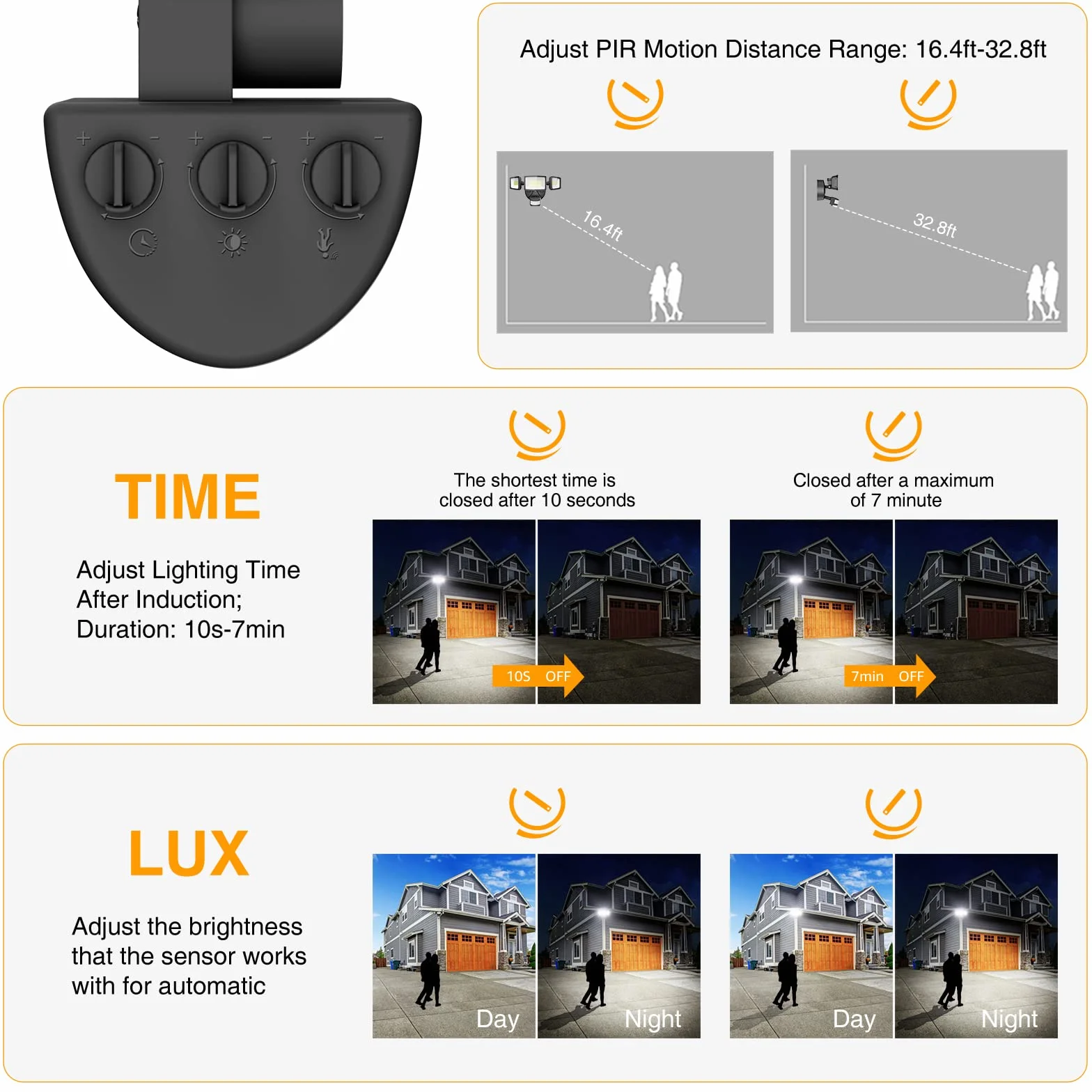 Onforu Reflektor LED z czujnikiem ruchu, zewnętrzny, 55 W, 5000 lm, z 3 regulowanymi głowicami, 6500 K, zimna biel, IP65, wodoszczelny, do garażu, ogrodu, na podwórko