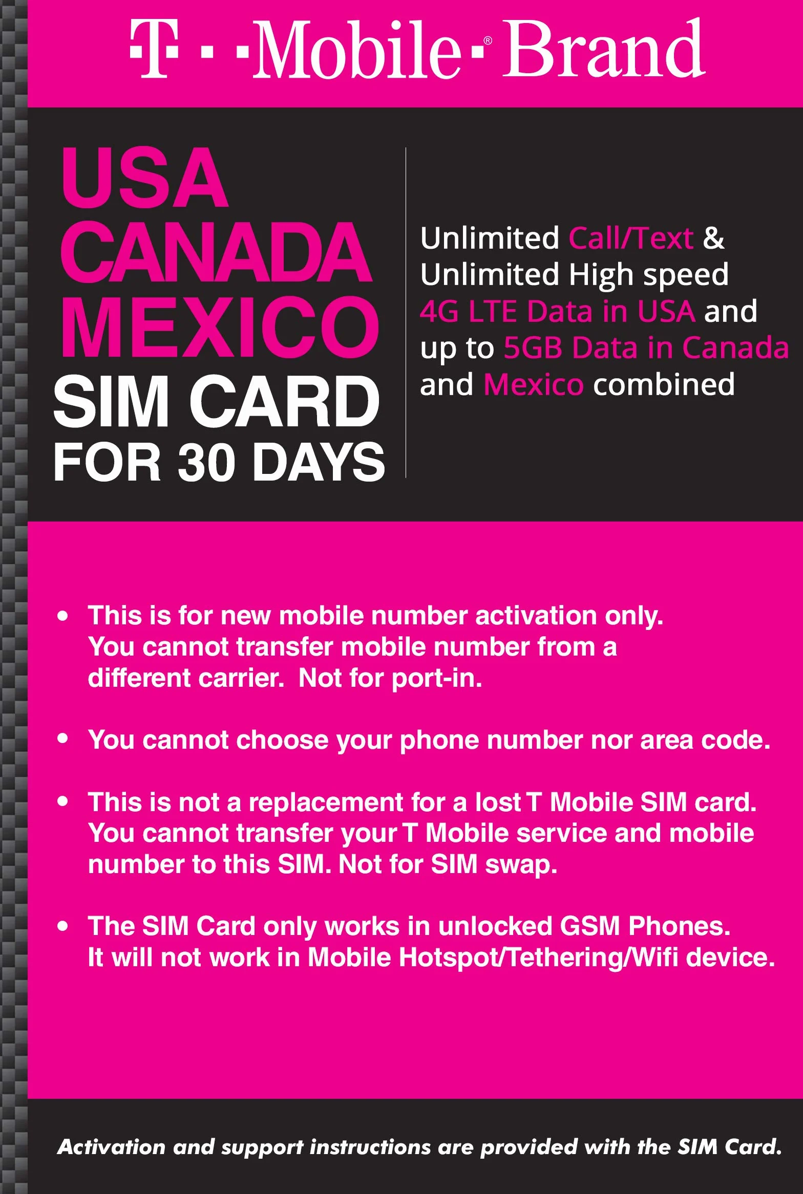 T-Mobile Marka USA, Kanada, Meksyk Prepaid Travel SIM Nieograniczone połączenia/tekst i nieograniczona prędkość 4G LTE w USA przez 30 dni