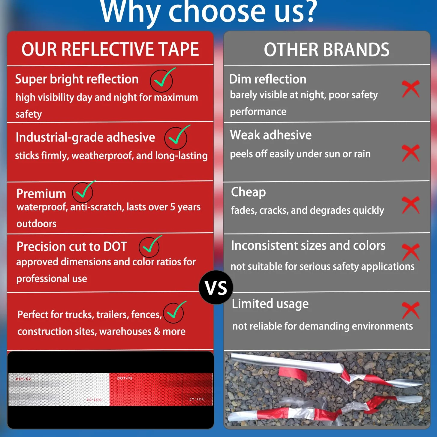 5 cm x 200 stóp taśma odblaskowa DOT-C2 wodoodporna czerwona i biała taśma samoprzylepna do przyczepy, na zewnątrz, do samochodów, ciężarówek