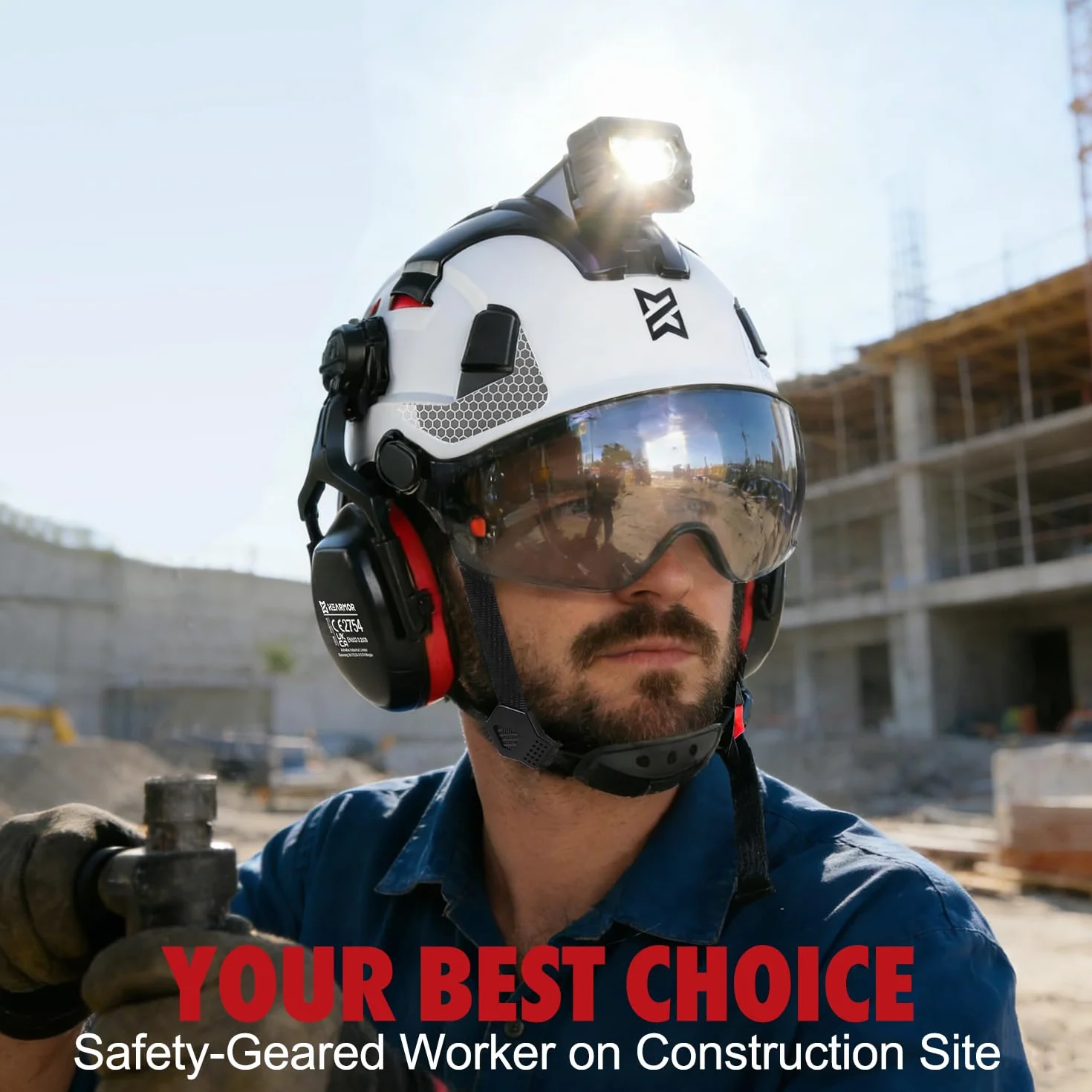HEARMOR VOLTEK CE EN397 kask ochronny z certyfikatem CE EN397 z lampą czołową LED + wizjerem i ochroną słuchu | do prac leśnych, prac budowlanych i wspinaczki | wysokiej jakości kask roboczy z