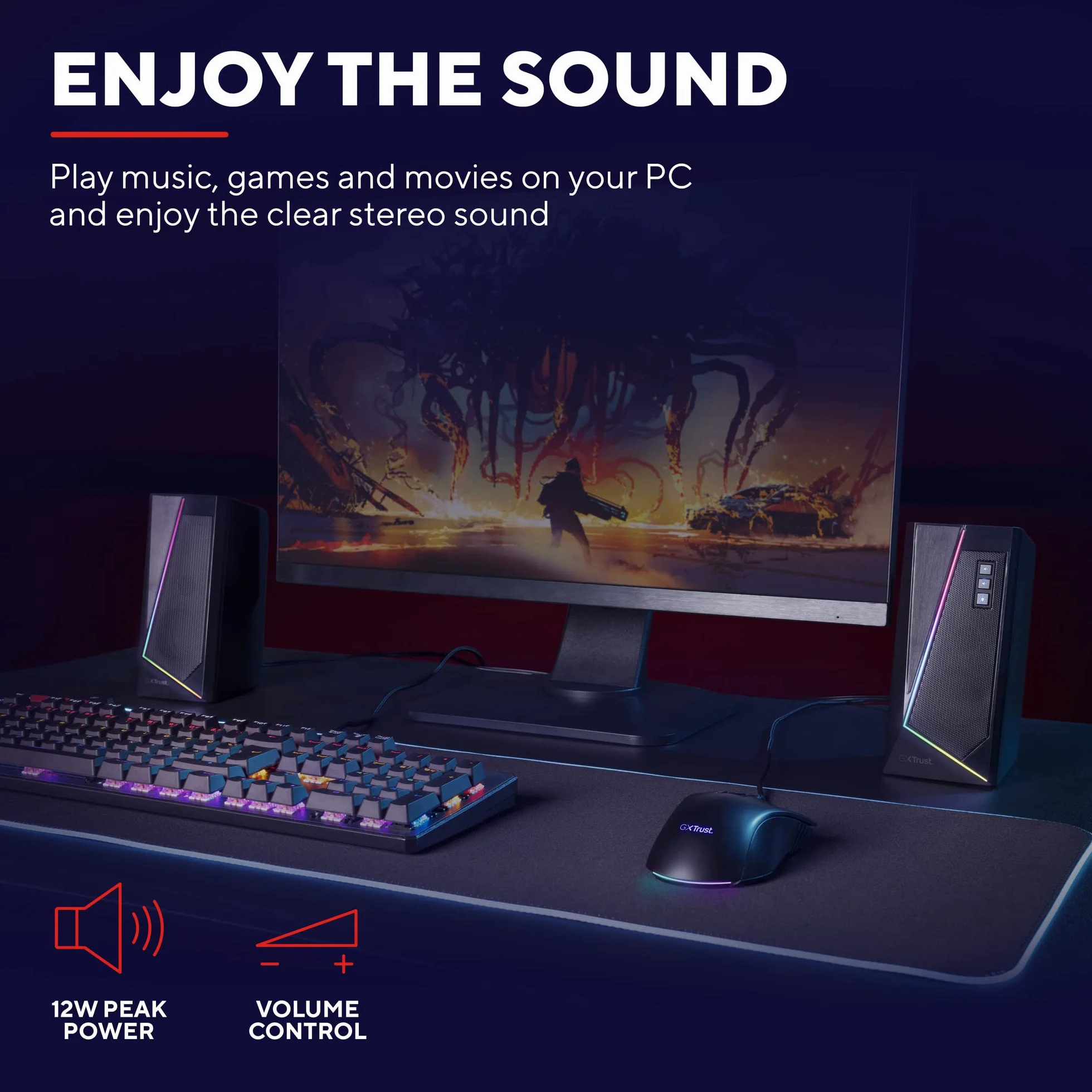 Trust Gaming GXT 609 Zoxa 2.0 głośniki PC stereo, moc szczytowa 12 W, zestaw podświetlanych głośników RGB, system dźwiękowy zasilany przez USB, 3,5 mm Aux, regulacja głośności, do PC i laptopa, czarny