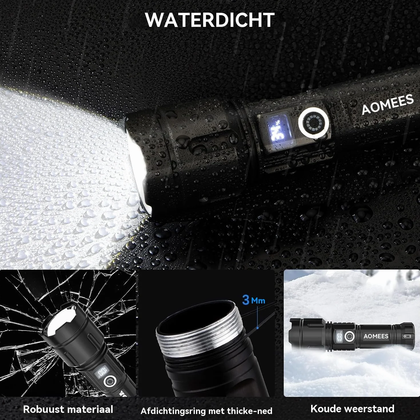 AOMEES Latarka LED USB Typ-C 200 000 lumenów – Super jasna, IPX4, 5 trybów, Młotek bezpieczeństwa, Idealna na Camping i Awarie