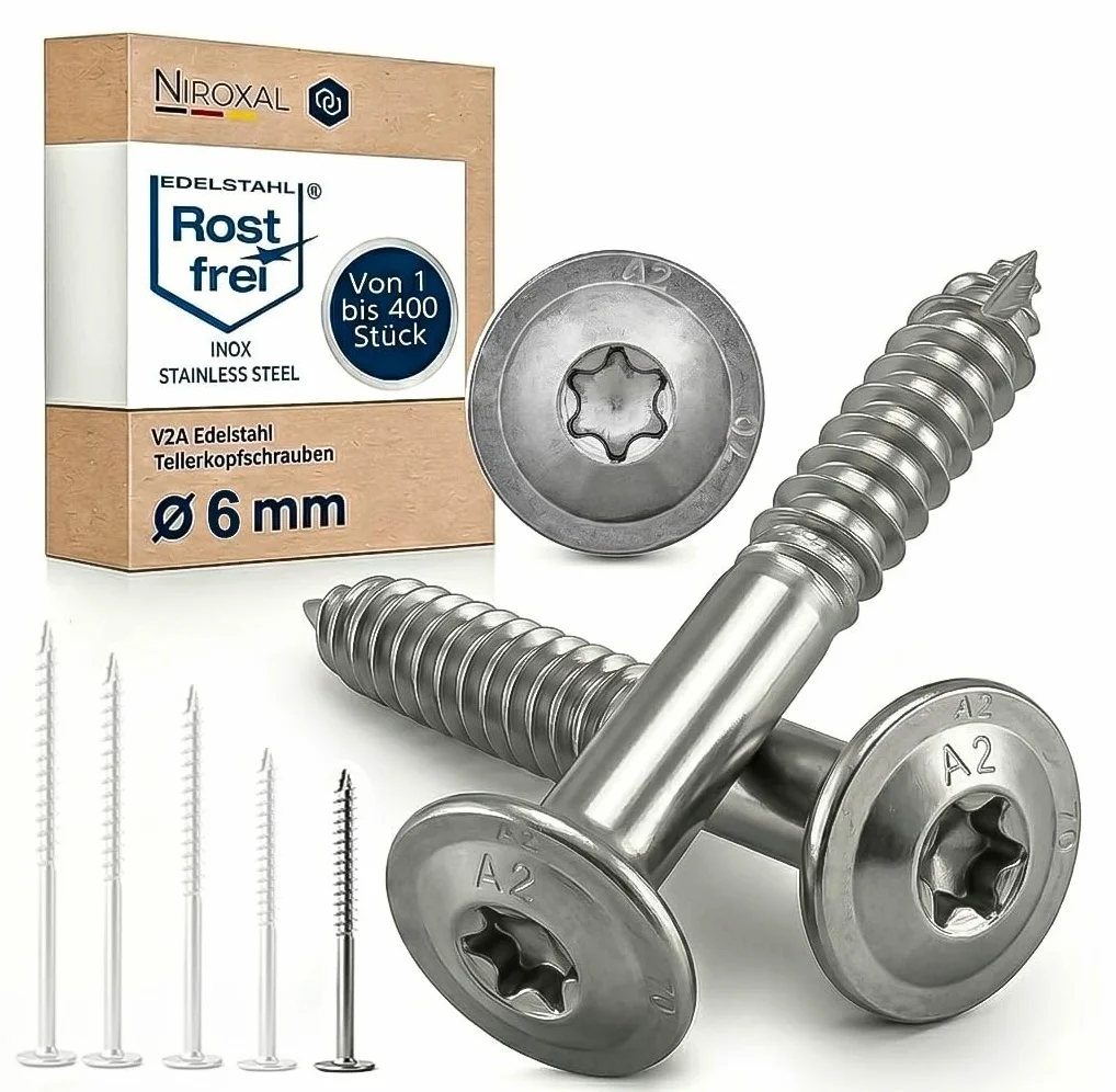 Śruba z łbem talerzowym ze stali nierdzewnej A2 ETA 6 x 50 TX25 Torx śruba konstrukcyjna do drewna V2A z końcówką tnącą powłoką ślizgową do konstrukcji drewnianych, wiaty garażowej, balkonu, mostka