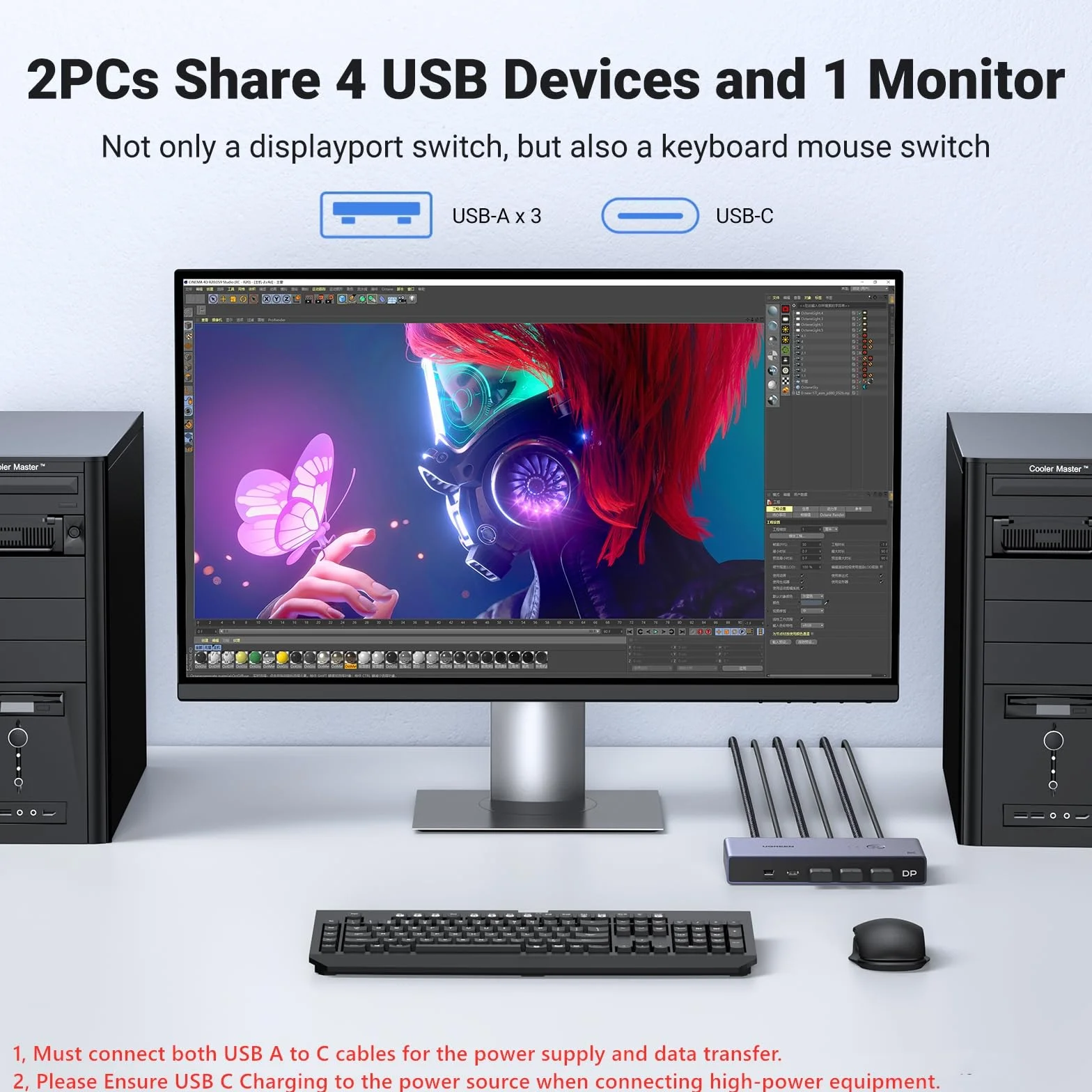 UGREEN Przełącznik 8K 60 Hz Displayport KVM, przełącznik DP 1.4 KVM, przełącznik KVM 2 pc 1 monitor, 4K 240 Hz, 4 porty USB, przełącznik KVM USB C, 4 porty USB przełącznik klawiatury, myszy, dysku