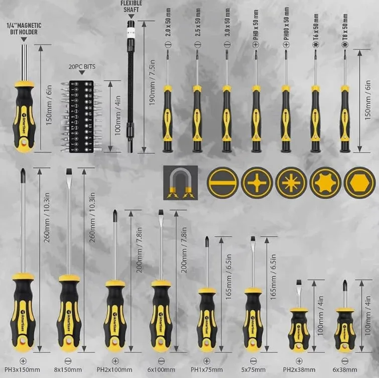 Zestaw wkrętaków magnetycznych z precyzyjnymi bitami Torx, stal chromowo-wanadowa, antypoślizgowy ergonomiczny uchwyt, zawiera etui do przechowywania, do samodzielnego wykonania domu i warsztatu, 42