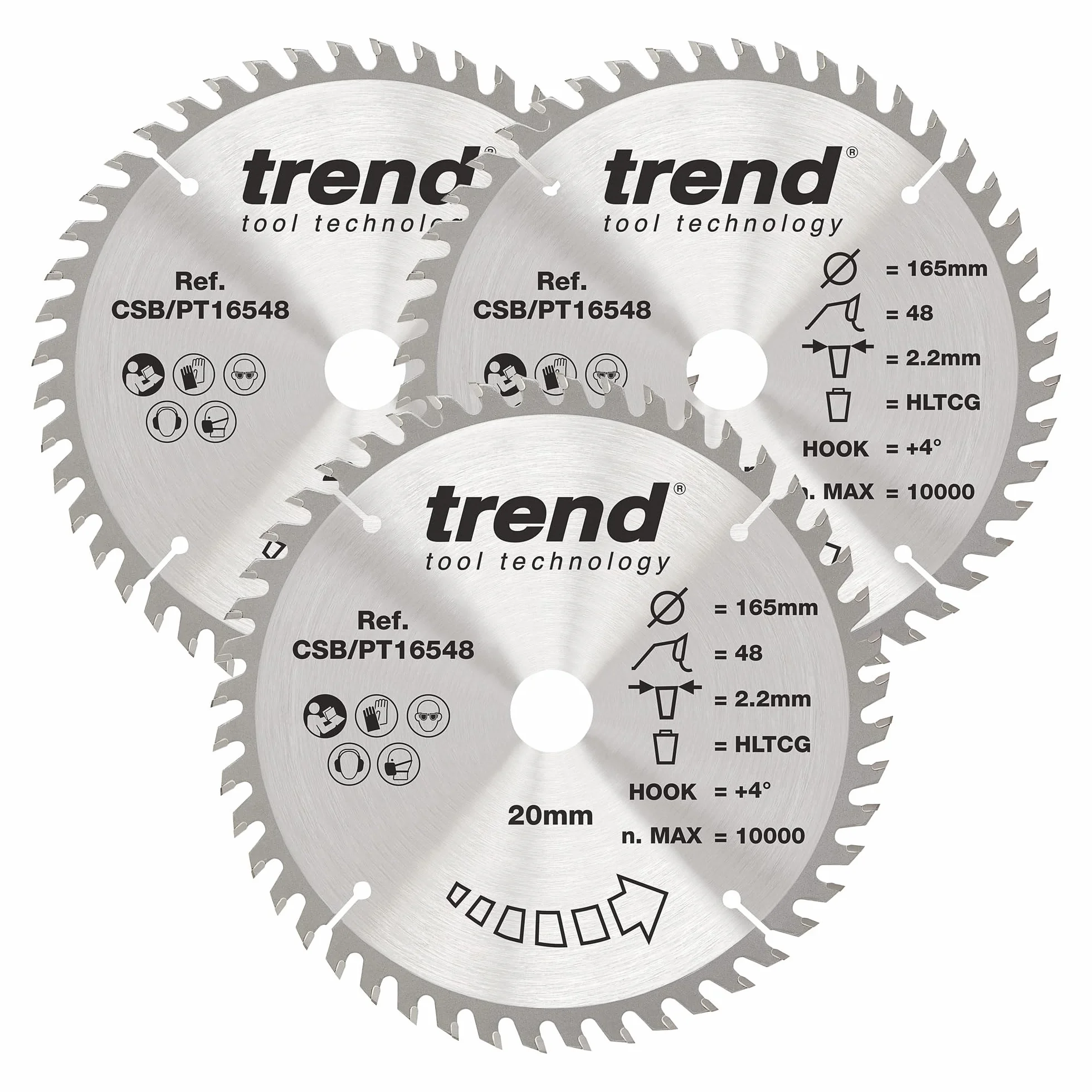 Trend Tarcze do HPL/Laminatu 165mm 48T, otwór 20mm, 3 szt. | 3x tarcze TCT do HPL/Laminatu: superdrobne cięcie 2,2 mm, +4° hak, Ø20 mm, CSB/PT165/3PK