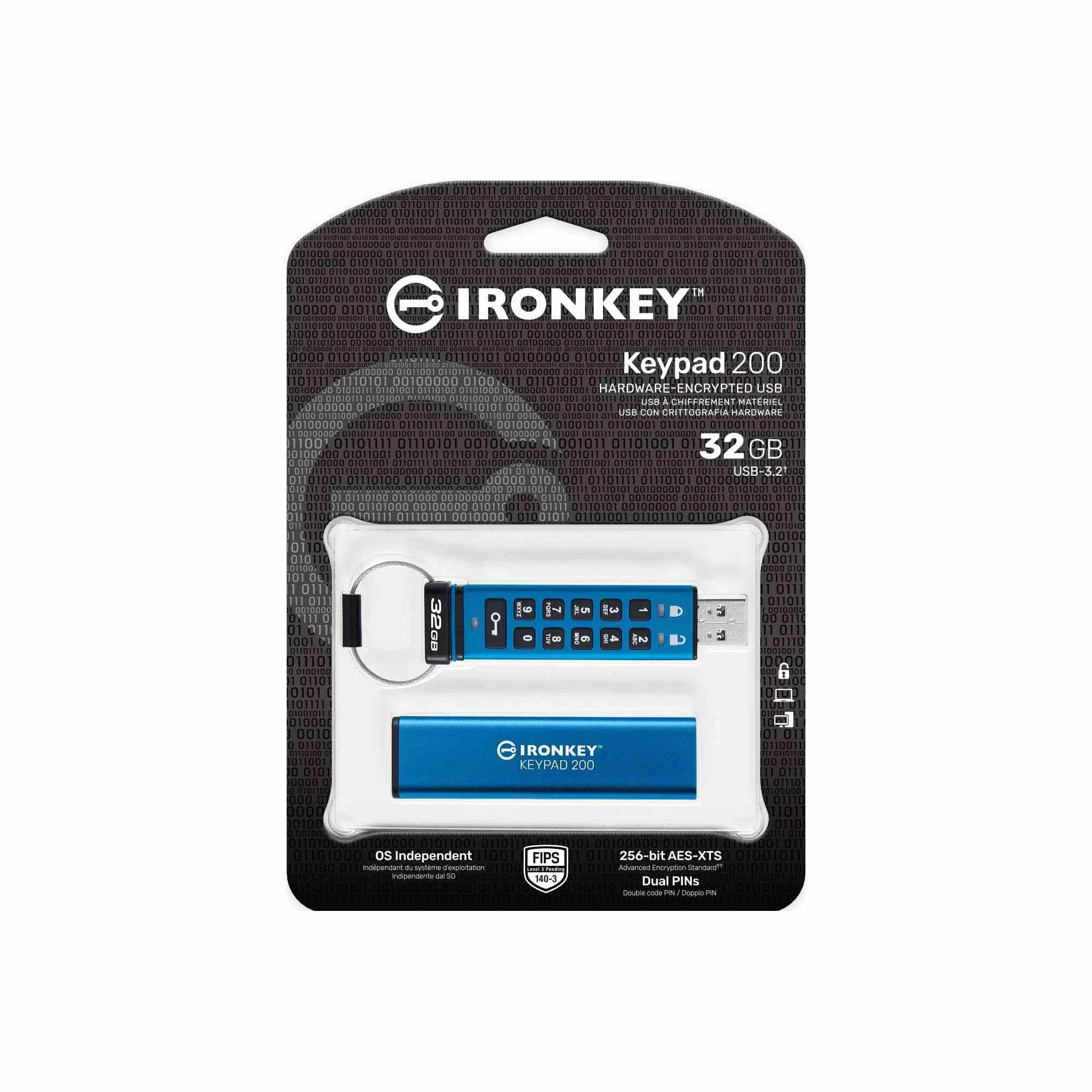 Kingston Klawiatura IronKey 200 typu A szyfrowana sprzętowo pamięć flash USB FIPS 140-3 poziom 3 (w toku) z 256-bitowym szyfrowaniem sprzętowym XTS-AES - IKKP200/32GB