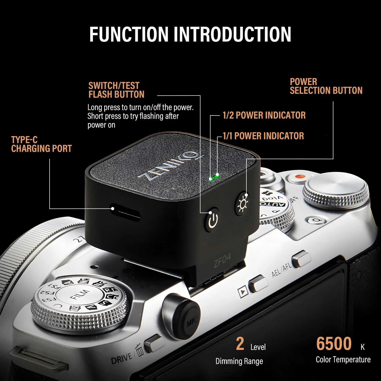 ZENIKO ZF04 Mini Speedlite Mini Flash Camera CCT 6500 k±200k 372 pełna moc błysk 2 poziomy mocy Kompatybilny z Canon Nikon Sony Fuji Olympus Panasonic(czarny)
