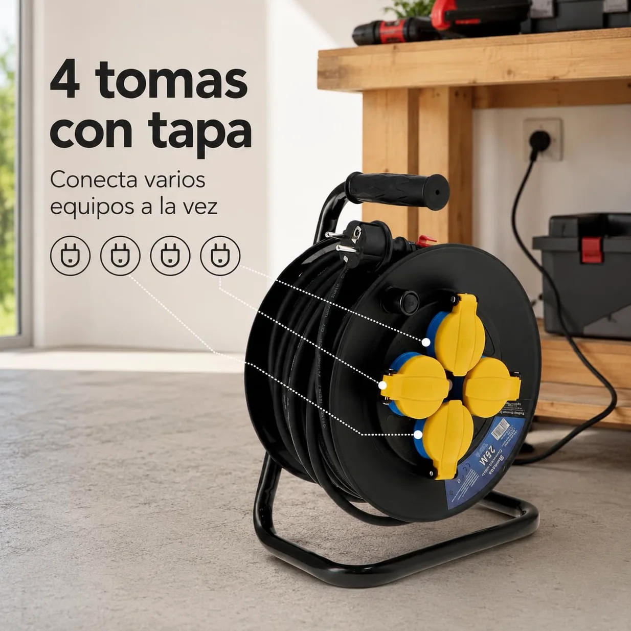 M mimotec - Zewnętrzny zwijacz kabla 25 m IP44 4 gniazda 3200W 16A | Kabel H05RR-F 3G1,5 mm² | Ochrona przed dziećmi | Idealny do ogrodu, na plac budowy i warsztatu