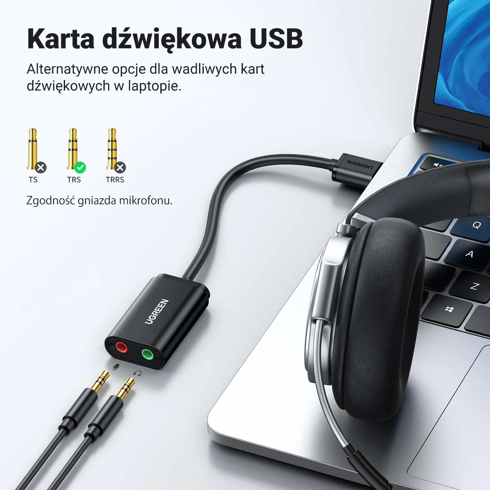 UGREEN Zewnętrzna Karta Dźwiękowa USB Adapter Audio USB.