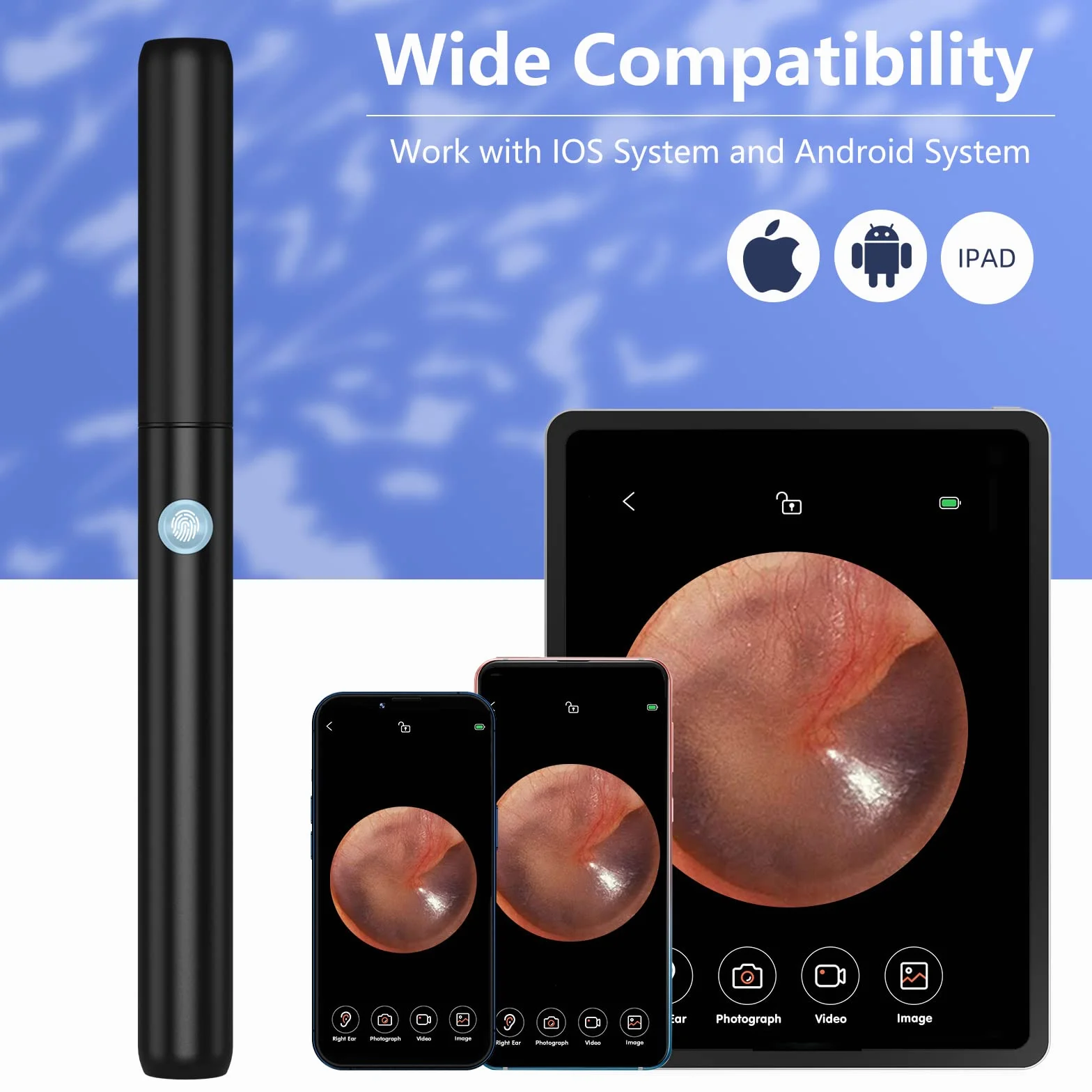 Otoskop VITCOCO Zestaw do usuwania woskowiny Środek do czyszczenia uszu 1296P Środek do usuwania woskowiny Wodoodporna kamera endoskopowa do uszu 3,5 mm, do iPhone'a, iPada i Androida,czarny