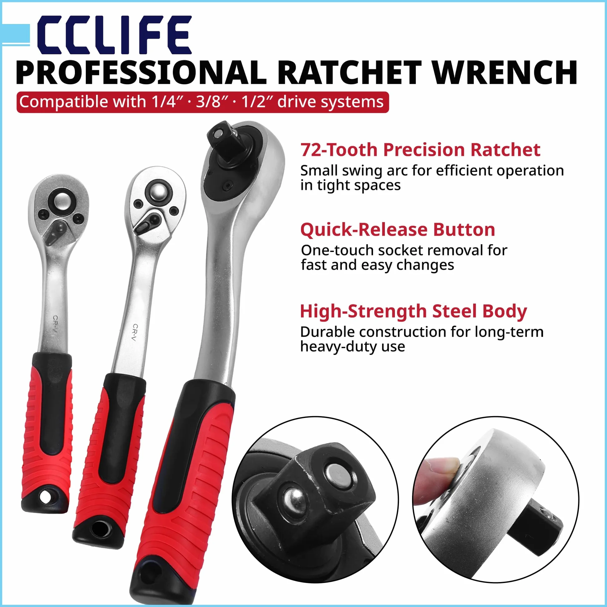 CCLIFE Zestaw kluczy nasadowych 171-częściowy – 1/4" 3/8" 1/2" skrzynka z grzechotką 72-zębową, zestaw kluczy nasadowych ze stali CrV – do samochodu, motocykla, warsztatu i majsterkowiczów