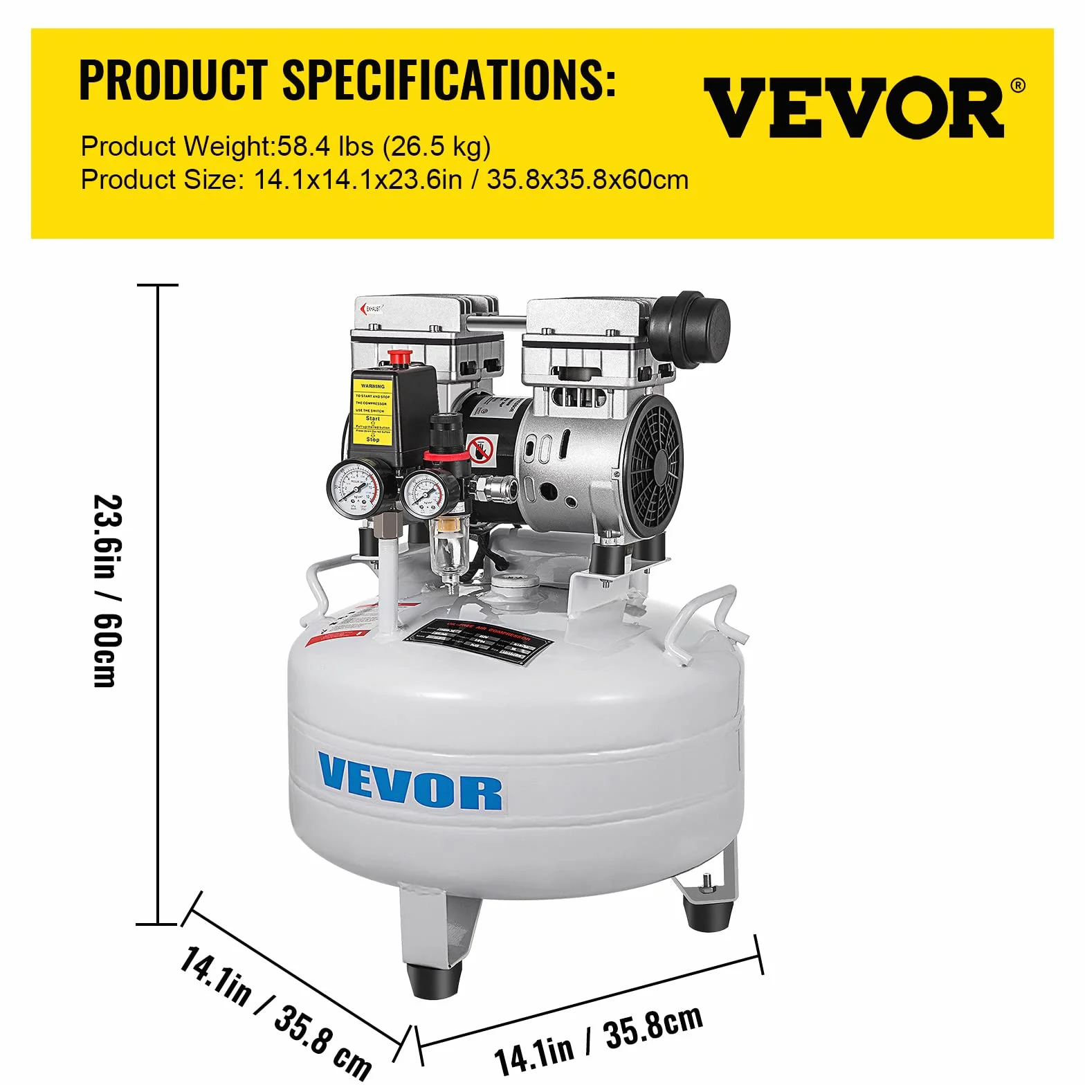 VEVOR Bezolejowa Sprężarka Powietrza 30L, 850W 1,1HP - Pionowa Sprężarka 165L/min, Narzędzie Warsztatowe do Naprawy Domu, Pompowanie Opon