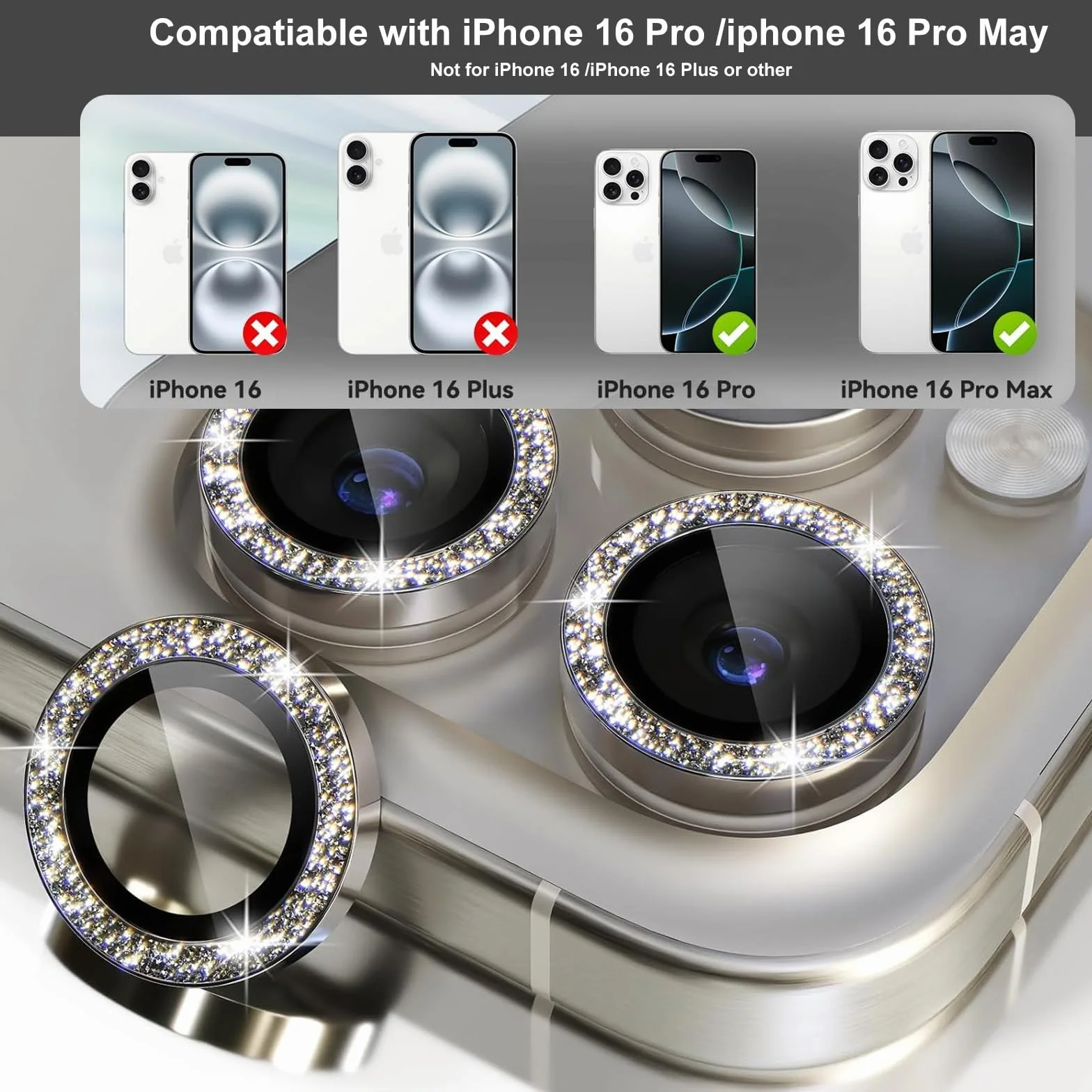 Yamobi Bling osłona obiektywu do aparatu iPhone 16 Pro Max i Pro, ochrona aparatu, szkło hartowane ze strasem, ochrona aparatu iPhone 16 Pro / Pro Max, 3 sztuki