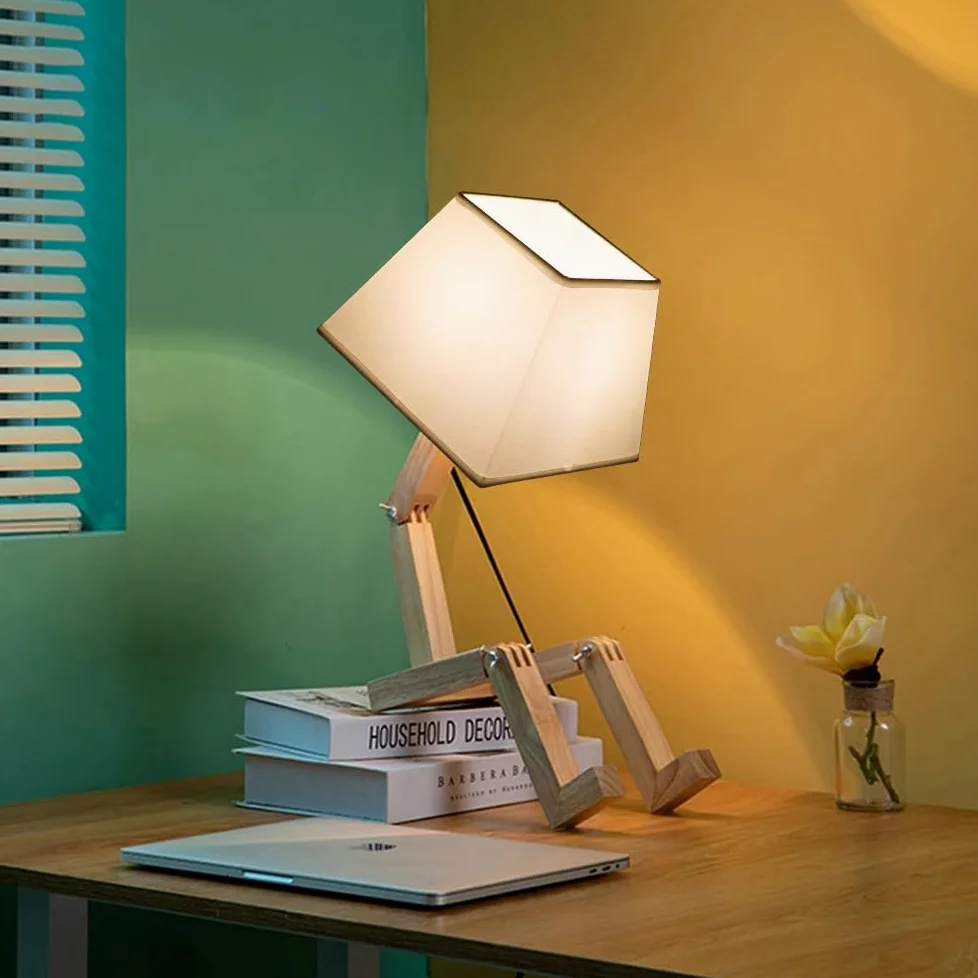 Cute Robot lampa biurkowa, lampki nocne, przyciemniane, kwadratowe abażur, światło nocne, z litego drewna Funky Lampa dla dzieci, do sypialni, gabinetu, do salonu