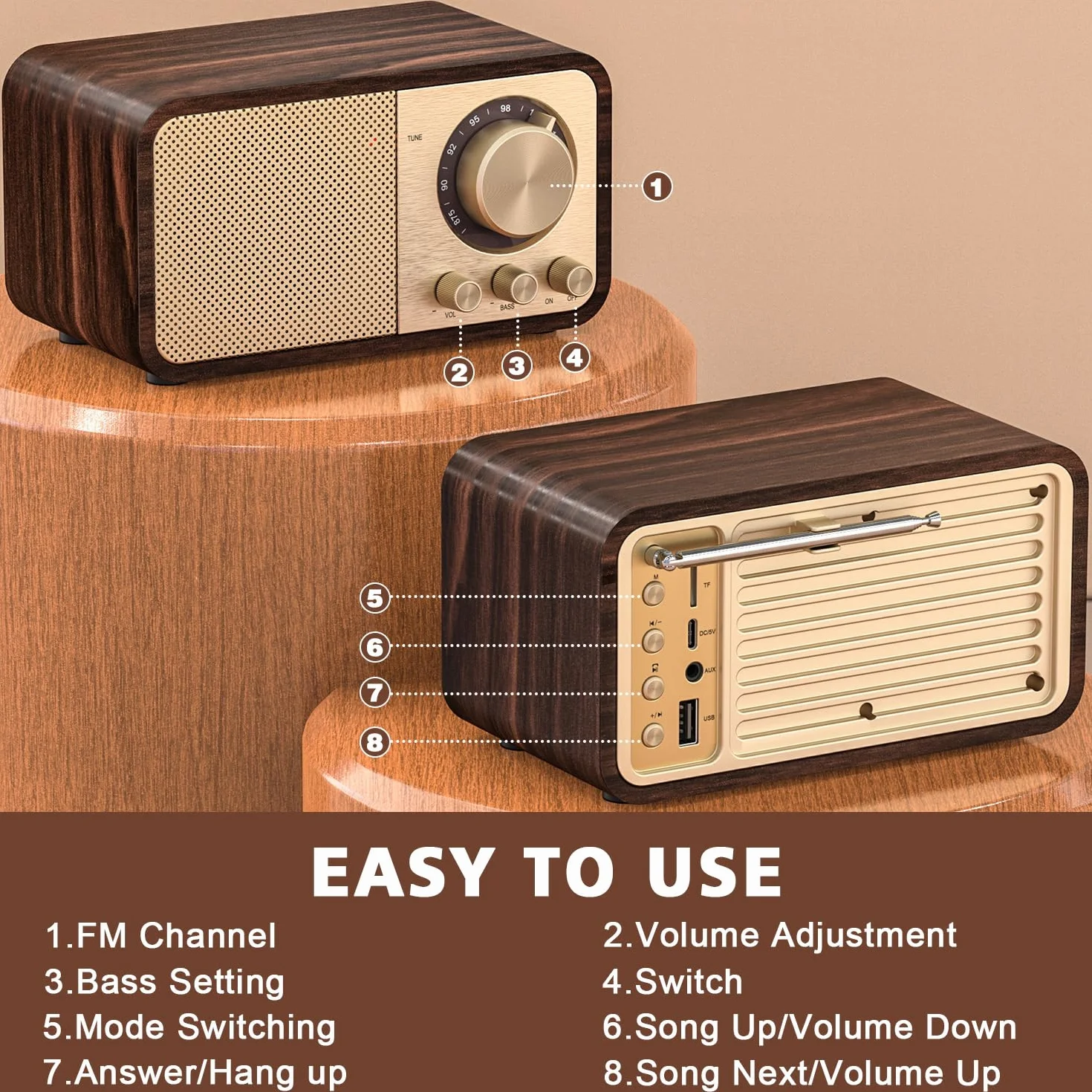 Tendak Radio FM retro Bluetooth z głośnikiem 5 W, akumulator 2000 mAh, karta TF, odtwarzacz MP3 USB, obsługa trybu AUX/bas