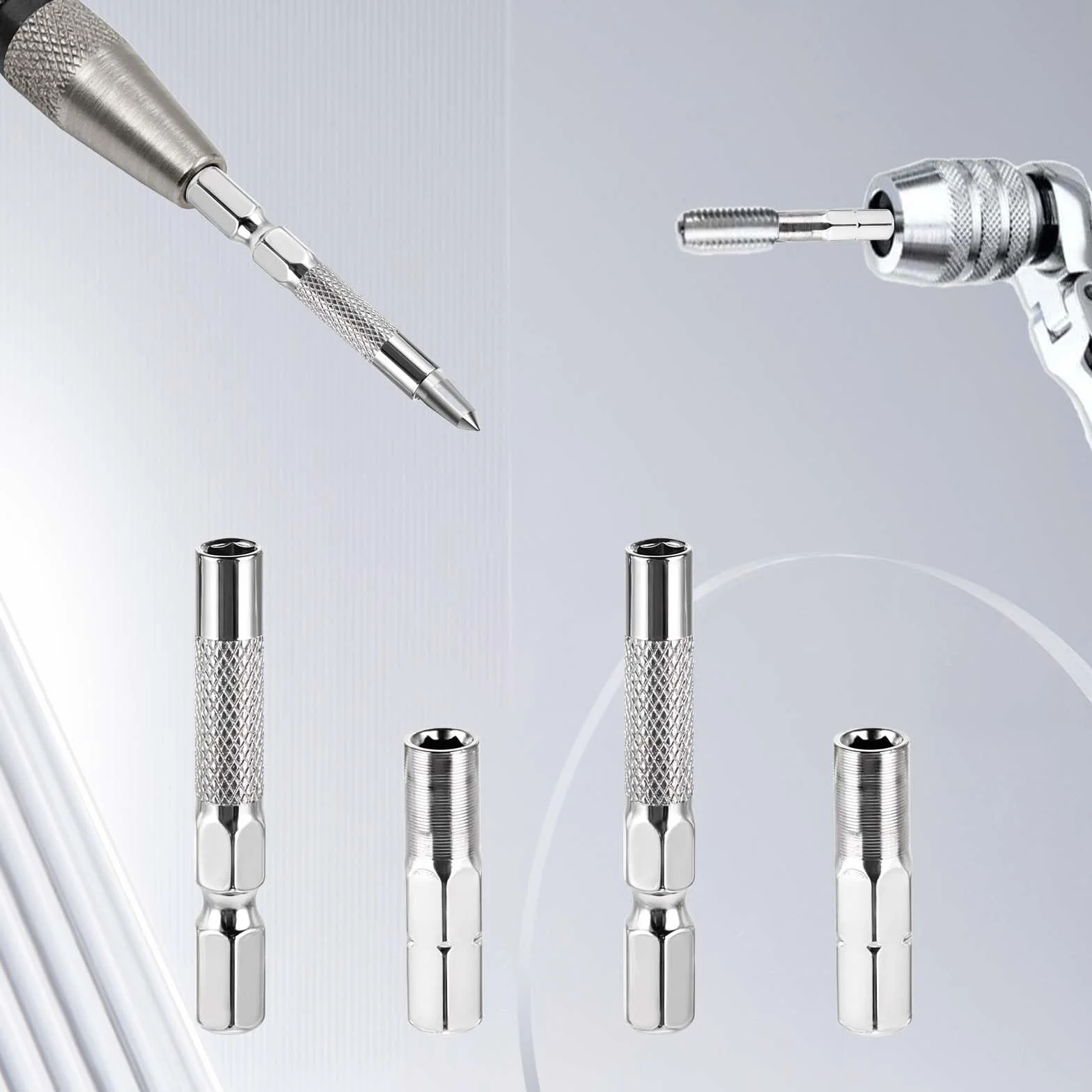 4 sztuki adaptera bitowego 1/4 do 4 mm, 2 sztuki magnetycznego adaptera 1/4 do 4 mm sześciokątnego i 2 sztuki uchwytu przedłużającego wiertła z mikro bitami do gniazd i precyzyjnych zestawów bitów