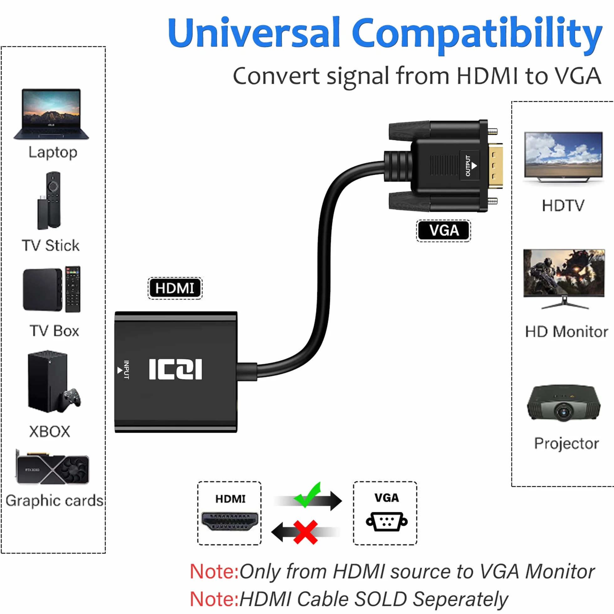 ICZI Adapter HDMI na VGA 1080P z gniazdem audio 3,5 mm, aktywny konwerter HDMI żeński na VGA męski do TV Stick, HDTV, wyświetlacza, monitora, Chromebooka, 360, PS4 i innych