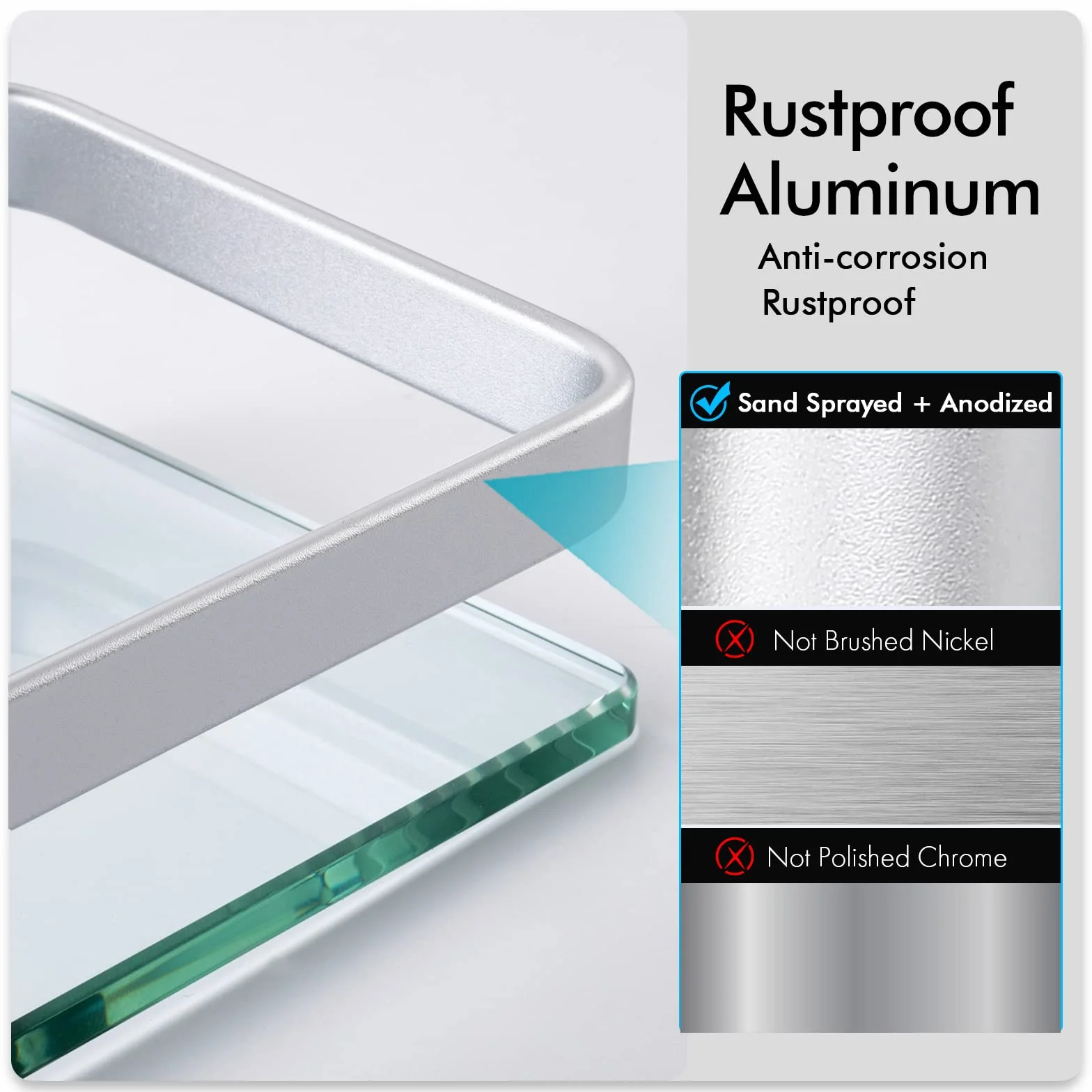 KES Półka łazienkowa ścienna ze szkła hartowanego 8 mm półka prysznicowa srebrna aluminiowa, A4126A