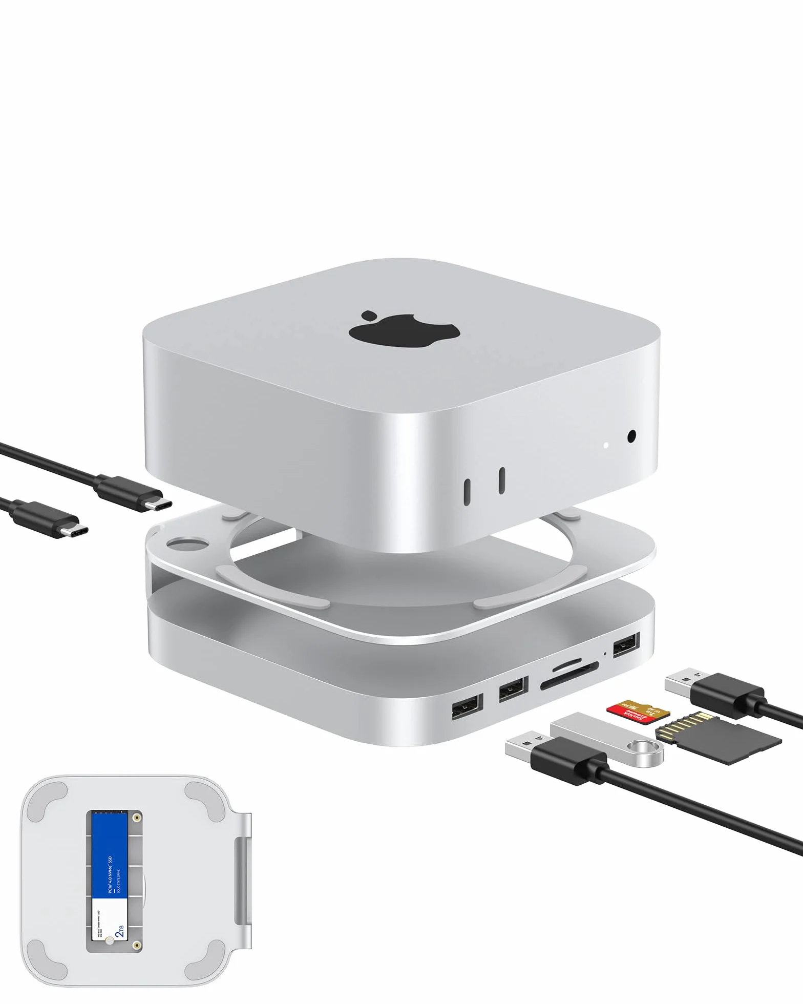 Stacja dokująca Mac mini M4, aluminiowy stojak i koncentrator do Mac mini M4 i M4 Pro 2024 z obudową M.2 NVMe SSD, 2 x USB-A 10 Gb/s, czytniki kart SD/TF, dane USB 2.0 (MC60)