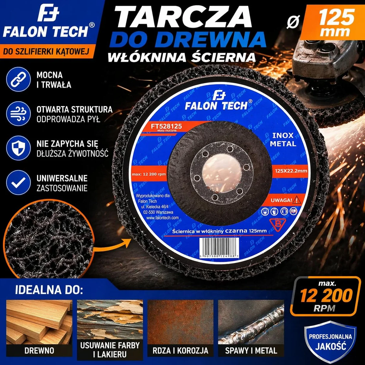Tarcza włókninowa czyszcząca 125 mm do usuwania rdzy farby lakieru dysk ścierny Clean Strip do szlifierki kątowej metal inox drewno