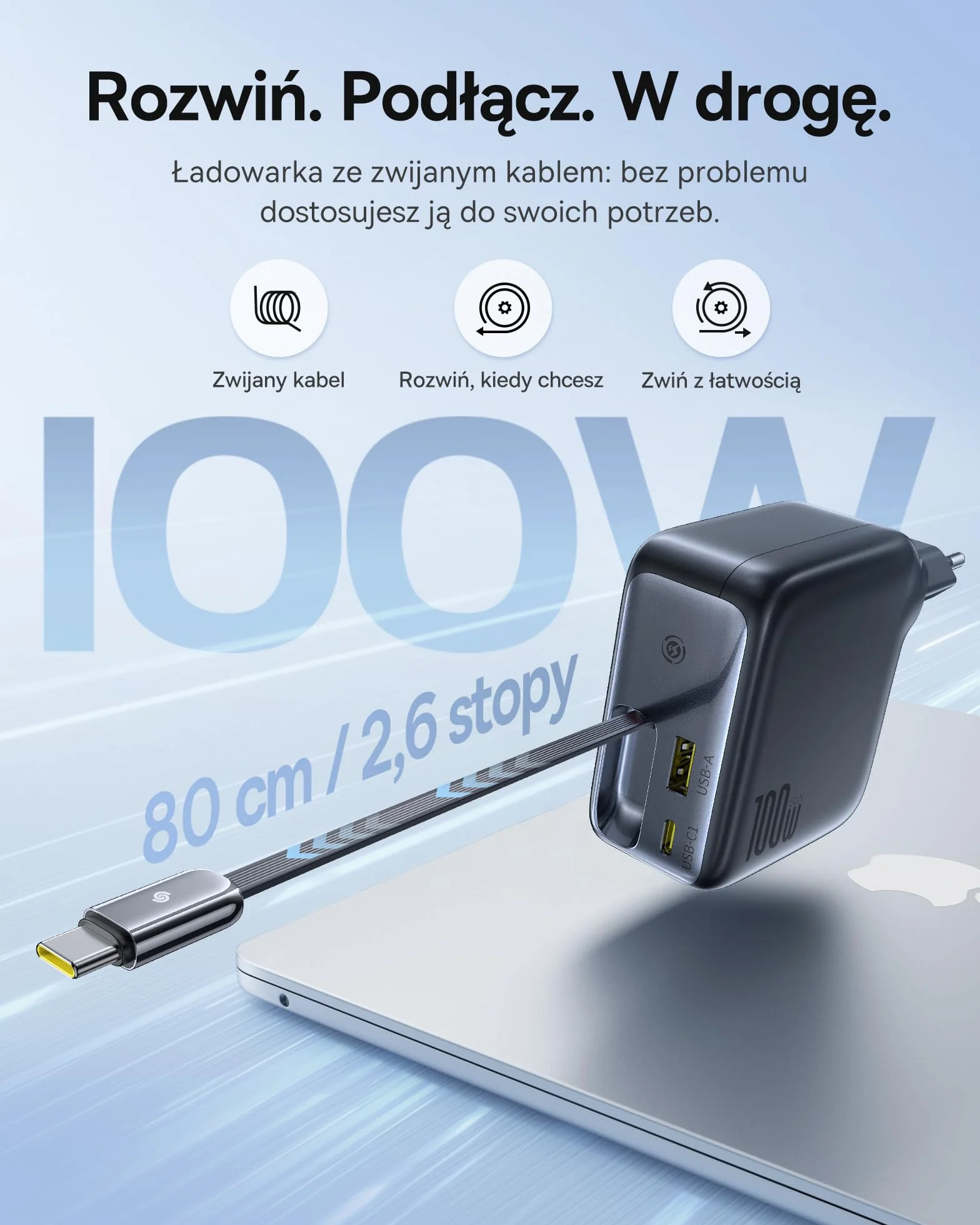 Baseus Enercore Ładowarka USB C 100 W z przedłużanym kablem, 3 porty GaN, szybka ładowarka PD, kompatybilna z MacBook Pro Air, Dell, HP, iPad, iPhone 17/16/15/14/13Pro Max Galaxy S25/24Ultra