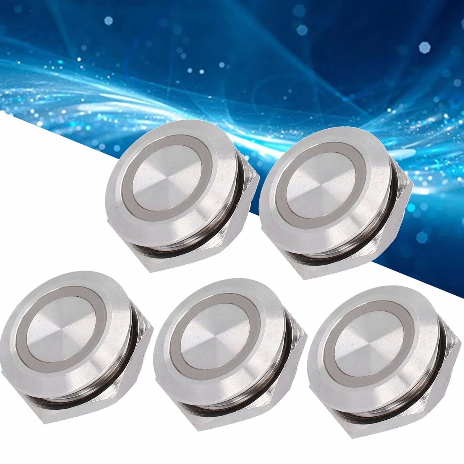 5 szt. Metalowy Chwilowy Przełącznik Wciskany z diodą LED, Mini Auto Reset Ultra Cienki Wodoodporny Przełącznik 19 Mm (DC12~24V Niebieski)