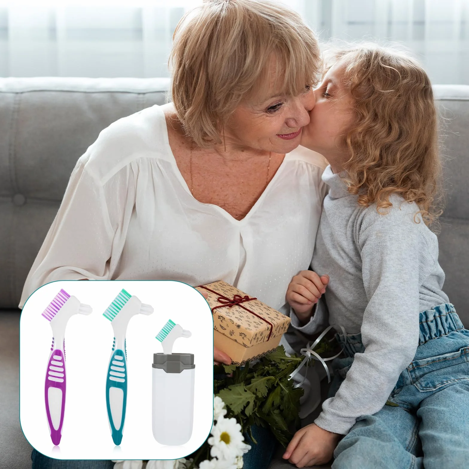 Szczotka do protez, 2 szt. szczoteczki do zębów z etui, wielowarstwowe włosie, ergonomiczny gumowy uchwyt do czyszczenia sztucznych zębów, zielona, fioletowa