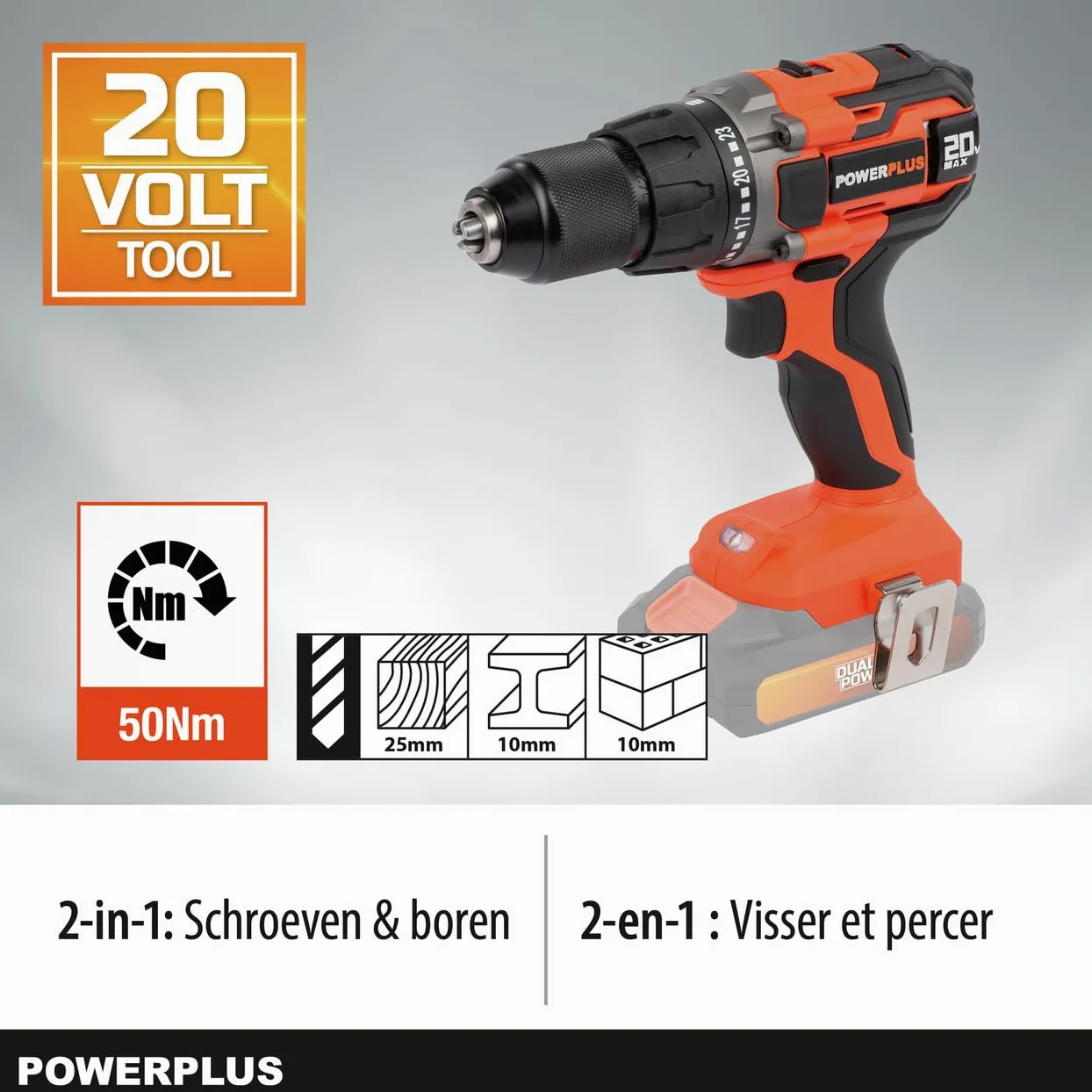Wiertarka akumulatorowa Dual Power POWDP15100 - śrubokręt 20V, bez baterii litowo-jonowej 20 V, ładowarka, walizka na narzędzia