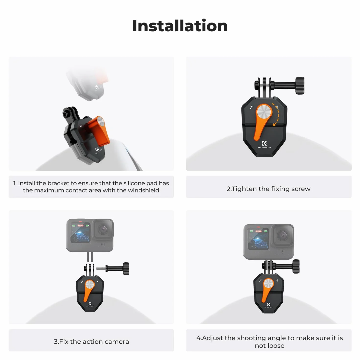 K&F CONCEPT Zacisk na przednią szybę motocykla do Go Pro Hero 13/12/11, uchwyt ze stopu aluminium, zacisk do DJI Osmo Action 3/4/5 Pro/6 Insta360 X5/X4, DJI Osmo 360 Action Akcesoria do kamery