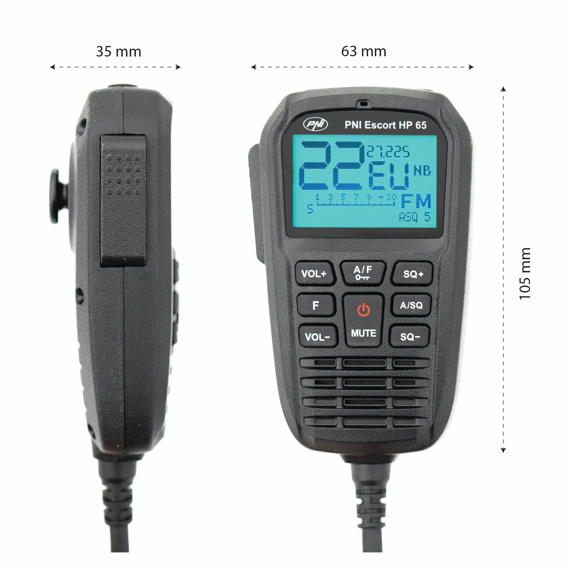 Stacja radiowa CB PNI Escort HP 65 ASQ, multi-norm, Noise Blanker, ASQ, regulowany SQ, 12 V - 24 V, wtyczka do zapalniczki samochodowej w zestawie