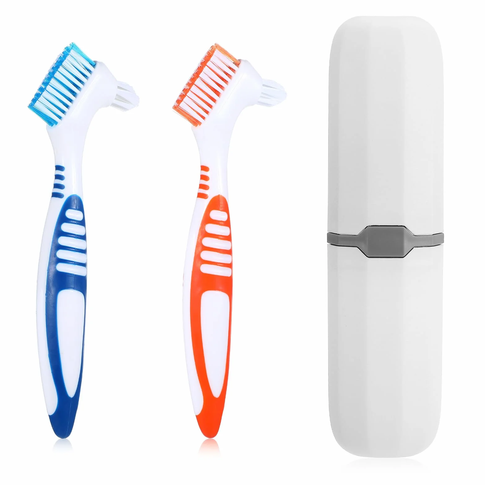 YUXIANLB Zestaw 2 szczotek do czyszczenia protez, szczoteczki do zębów, szczoteczka do czyszczenia protez z białym futerałem, wielowarstwowe włosie i ergonomiczny gumowy uchwyt do czyszczenia protez