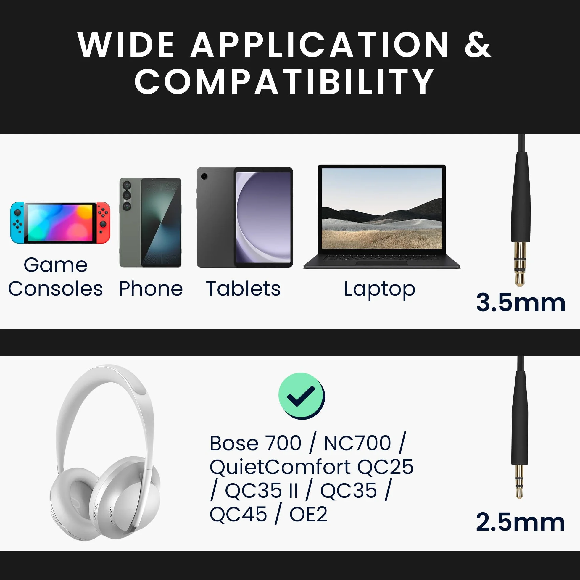 Bose kwmobile kabel do słuchawek 3.5 mm jack 100 cm czarny QC25 QC35 QC45 NC700