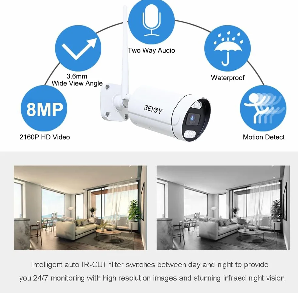 REIGY 8MP zestaw kamer WLAN do monitorowania na zewnątrz z dyskiem twardym 2TB, system nadzoru 4K 16CH WiFi NVR + 4x2160P kamera na zewnątrz, dwukierunkowa technologia audio, wykrywanie ruchu