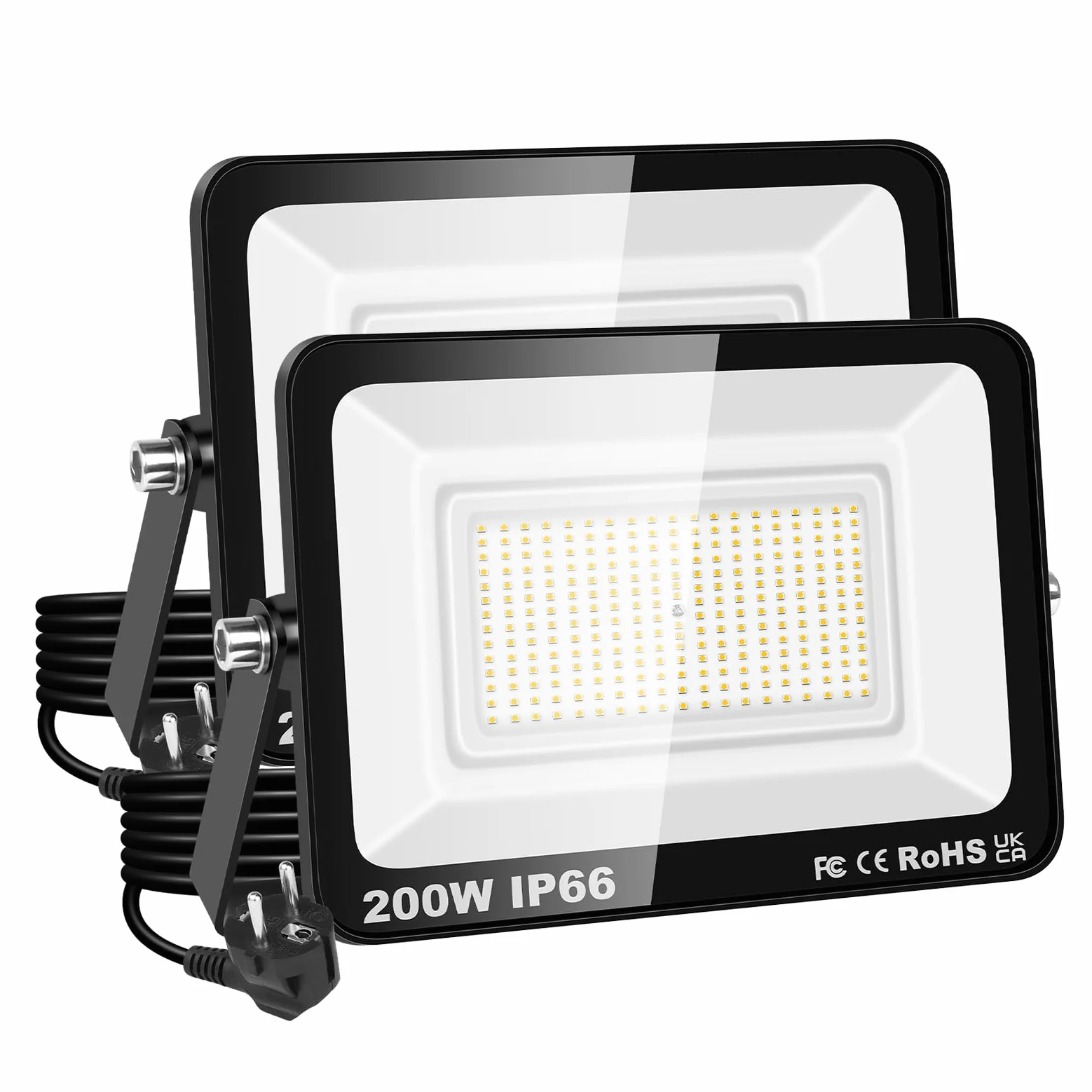 PICAA Reflektor LED 2000 W, wodoszczelność IP66, 20000 lm, lampa zewnętrzna 3000 K, ciepła biel 3000 K, do ogrodu, podwórka, garażu, tarasu, magazynu, z wtyczką UE (2 sztuki)