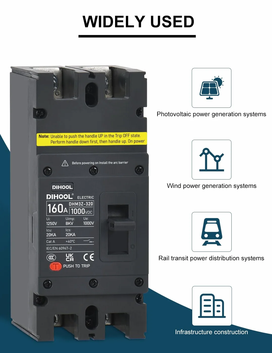 DIHOOL DC 1000V Przełącznik 160A 2P mccb Bezpiecznik akumulatora DC