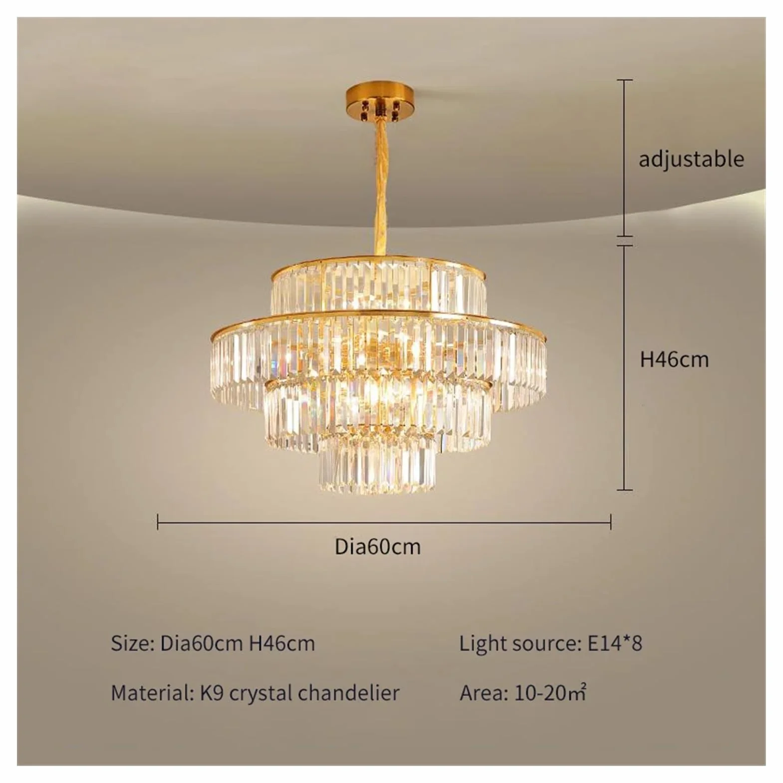 YEBMLP wysokiej klasy kryształowa lampa wisząca do hotelu, willi, przedpokoju, salonu, jadalni, kuchni, sypialni, wielowarstwowa (średnica 60 cm, wysokość 46 cm, ciepłe światło)