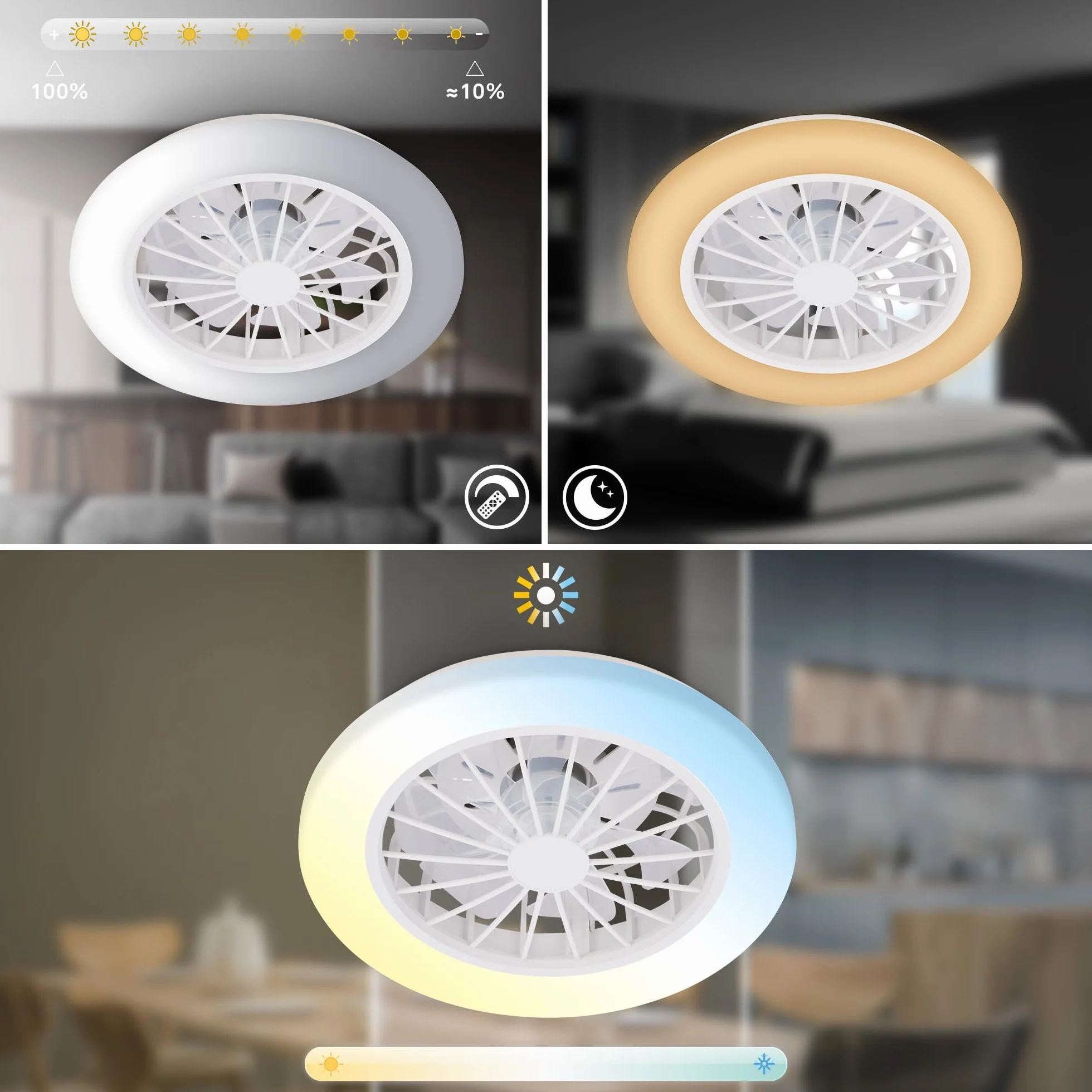 BRILONER - Lampa sufitowa z wentylatorem LED CCT, 24 W i 2600 lm, 5 prędkości, regulowana temperatura barwowa 3000–6500 K, pilot, ściemnianie, timer, tryb lato/zima, 38 x 14 cm, biała