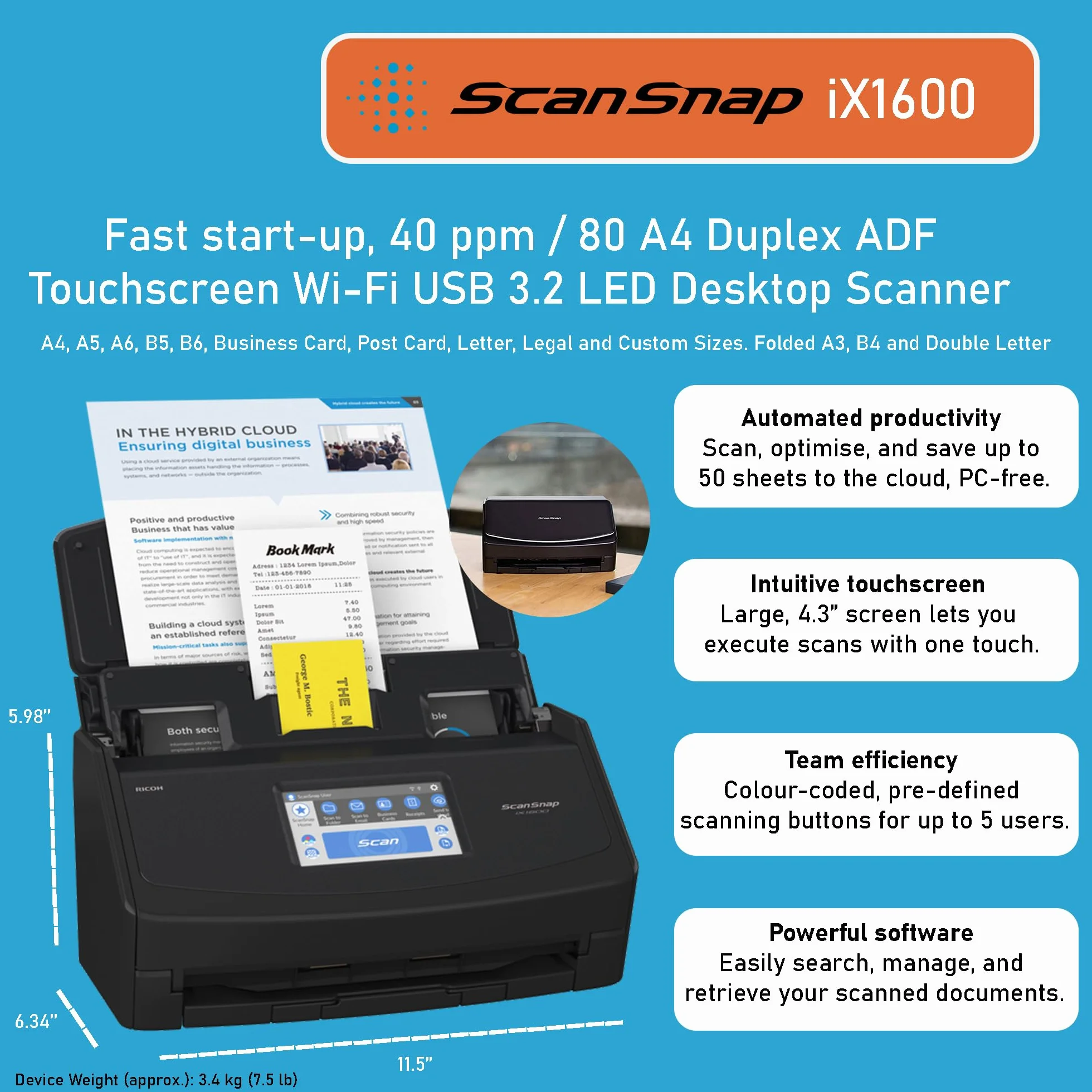 ScanSnap iX1600 Desktop skaner dokumentów czarny - 5 GHz - Duplex, ADF, A4, Wi-Fi, ekran dotykowy, USB 3.2