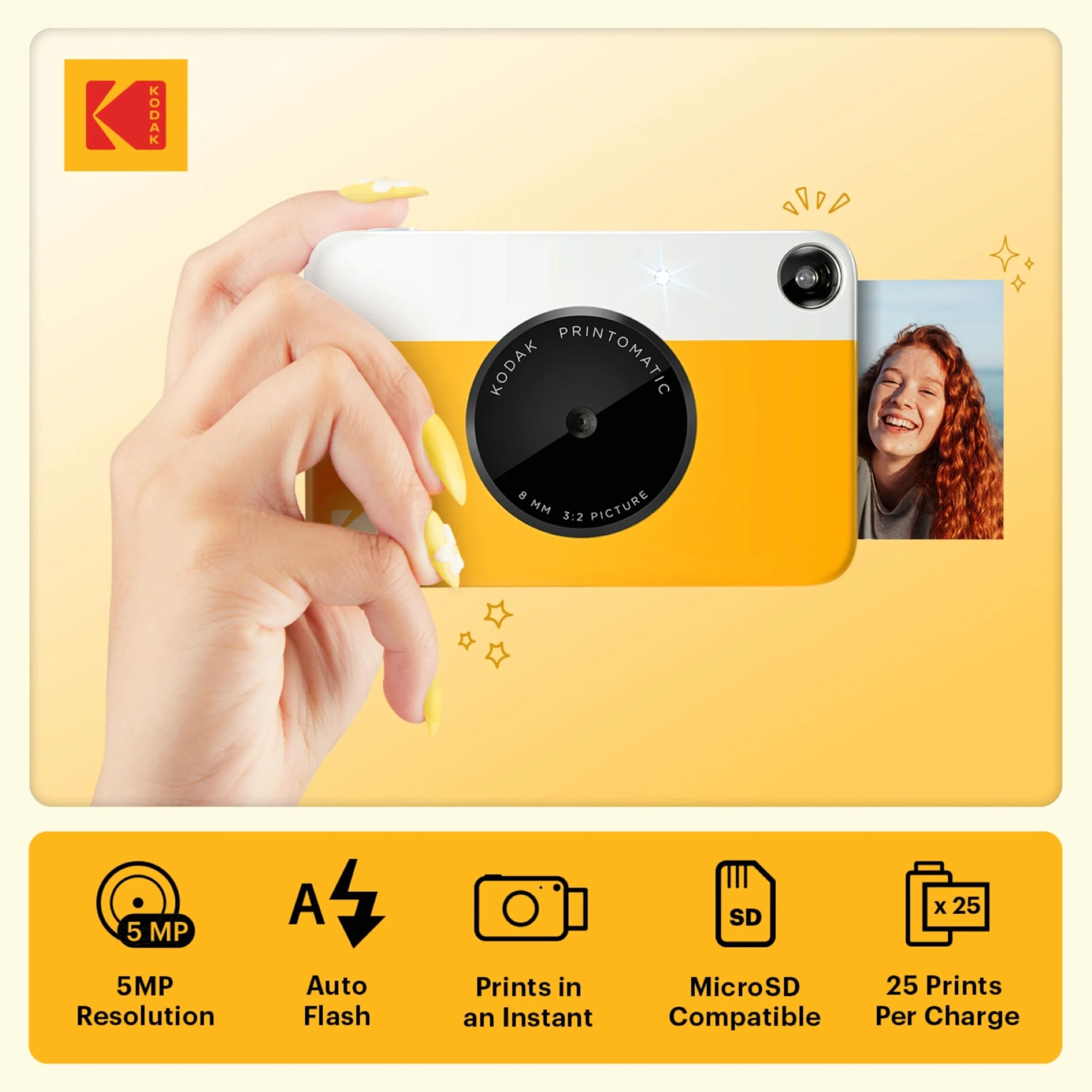 KODAK Printomatic Pełnokolorowa natychmiastowa drukarka cyfrowa Żółta Zestaw 75 arkuszy