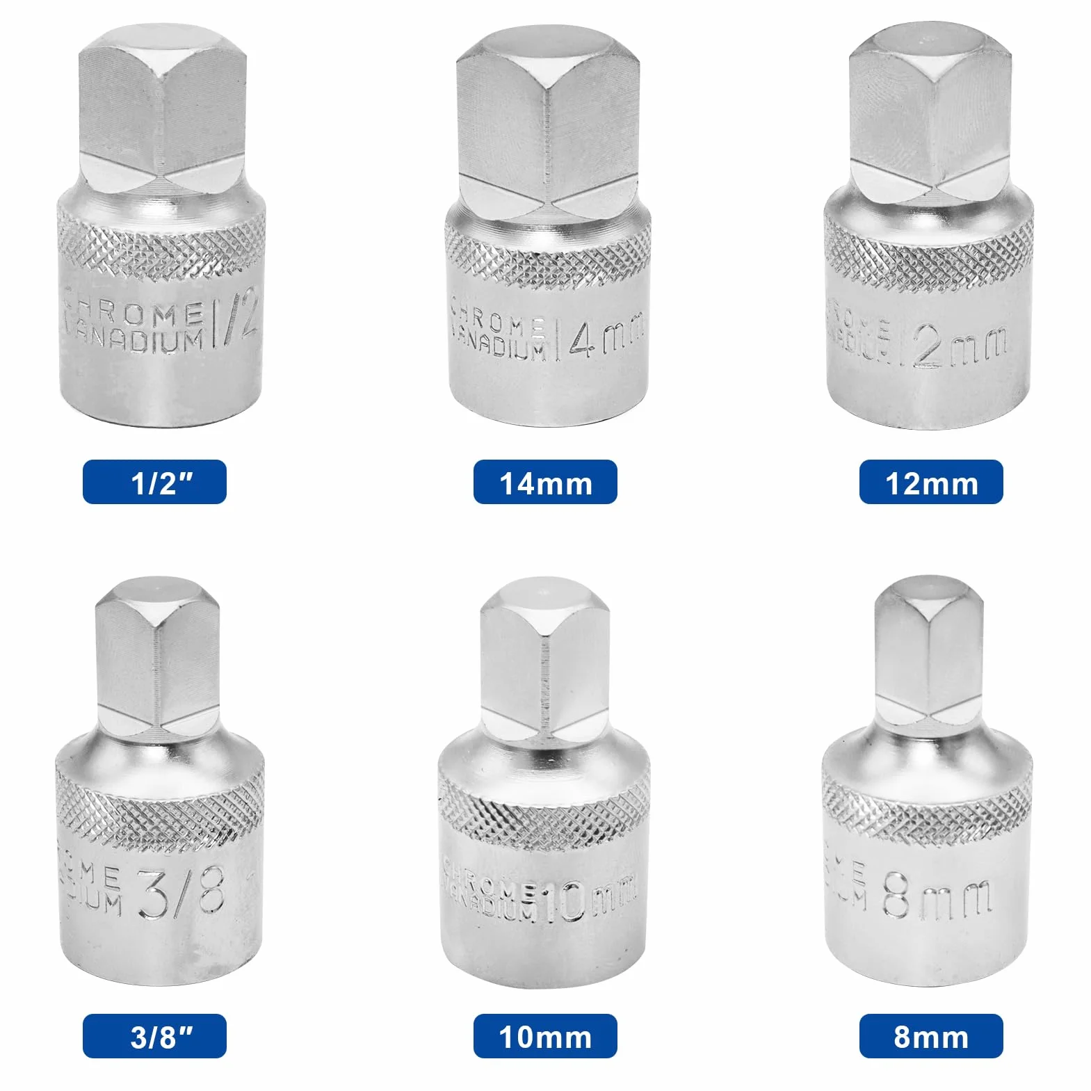 DAKCOS Zestaw kluczy do korka spustowego oleju, napęd 1/5.1 cm, 6 szt. Zestaw nasadek serwisowych oleju metryczny 8 mm/10 mm/12 mm/14 mm, 3/20.3 cm 1/5.1 cm, CR-V