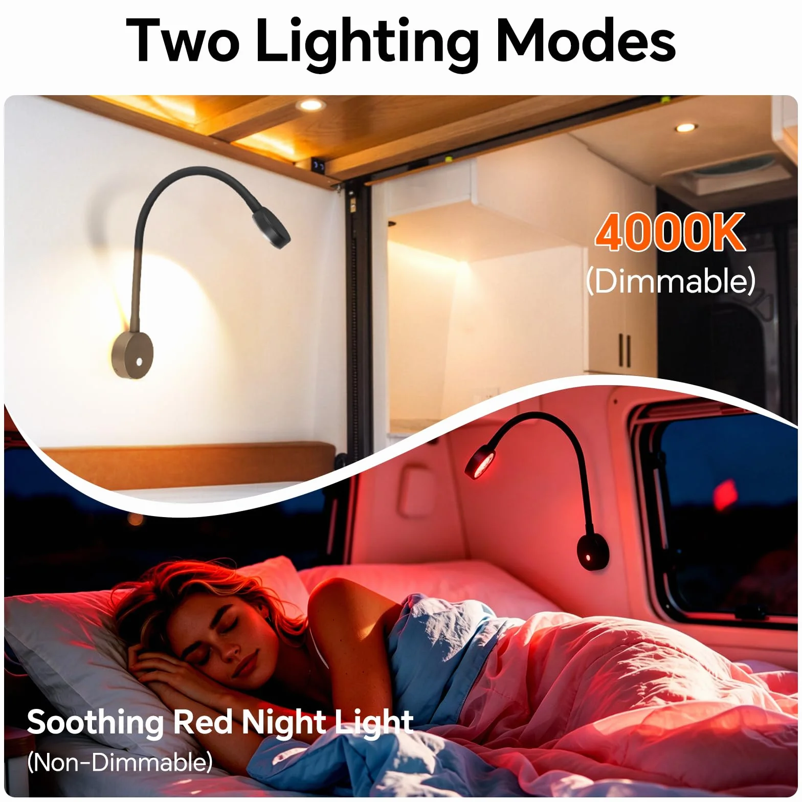 12V Lampa ścienna LED do czytania elastyczna punktowa z ładowarką USB i czerwoną lampką nocną, lampka do czytania przy łóżku do kampera, przyczepy kempingowej, kampera, furgonetki, wbudowany przełącznik ściemniacza DC 12-24V, przewodowa