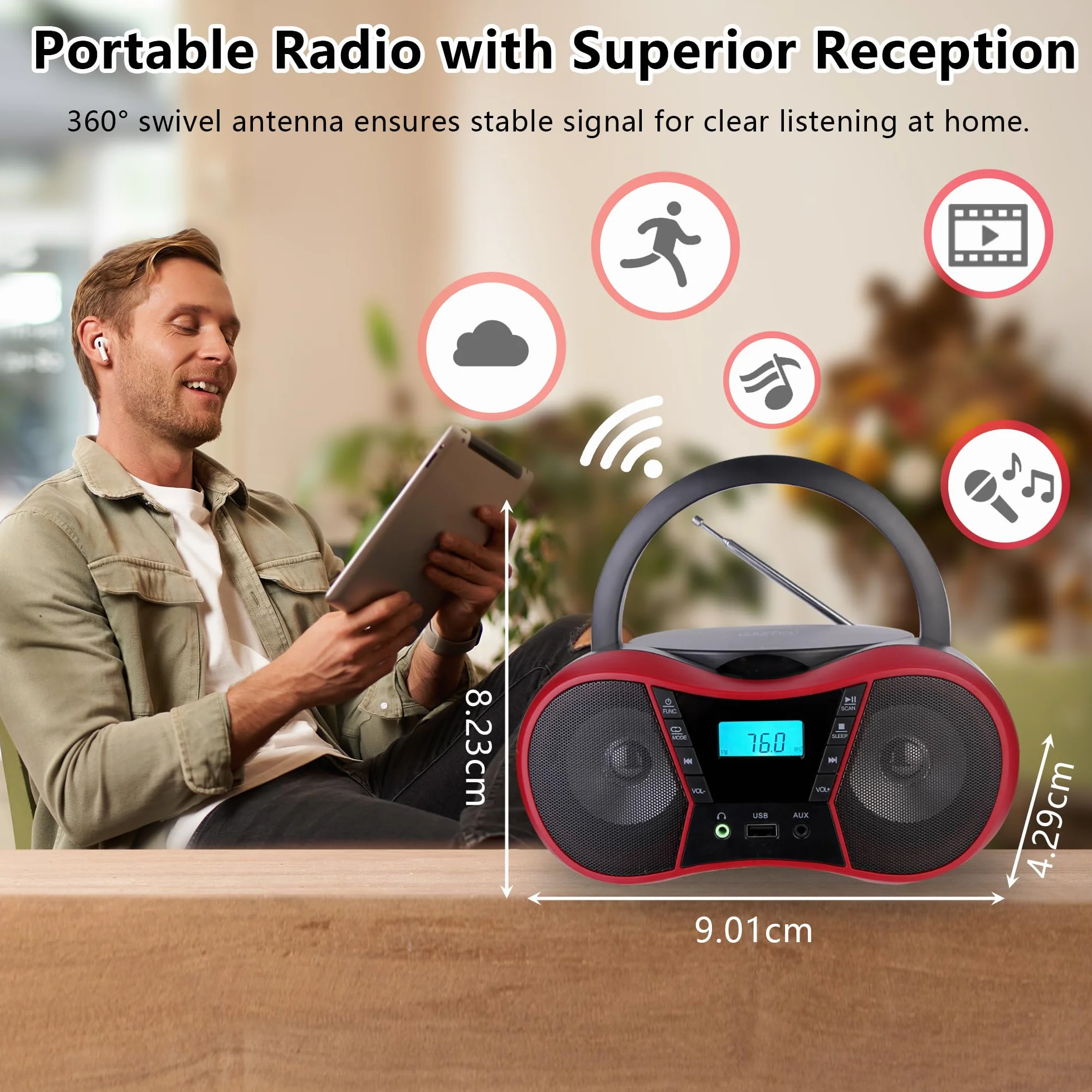 Przenośny odtwarzacz CD Boombox Bluetooth AUX USB FM stereo