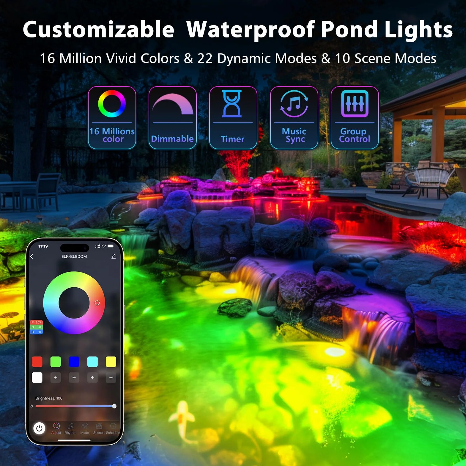 LyLmLe Oświetlenie stawu podwodnego LED z kontrolą aplikacji, 6 W RGB oświetlenie basenu podwodne z transformatorem i timerem, IP68, wodoszczelne oświetlenie stawu do fontanny wodospadowej, czarny