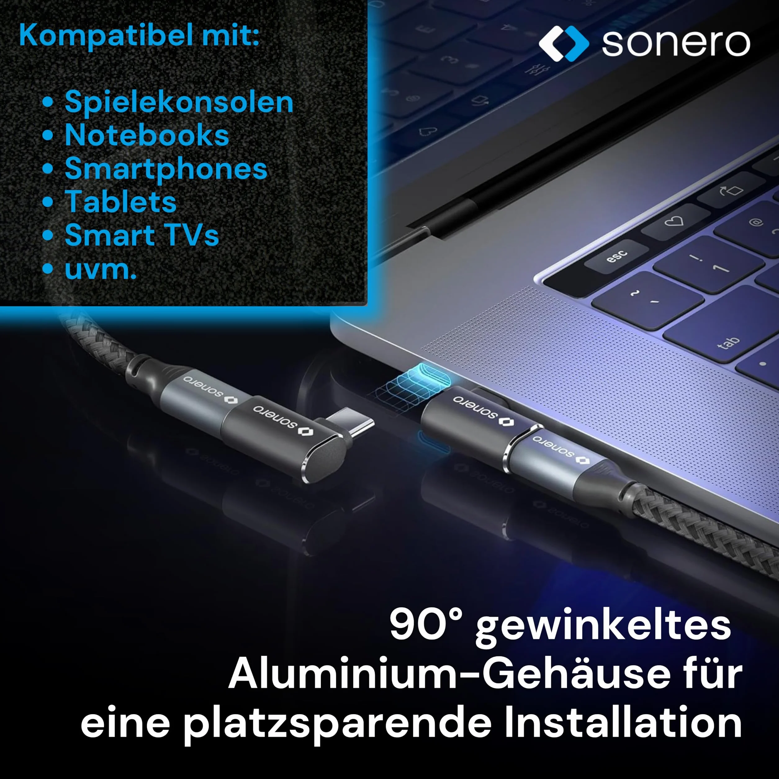Sonero Adapter USB-C 90° 40 Gbps 240 W 8K60Hz Aluminiowa Obudowa Czarna