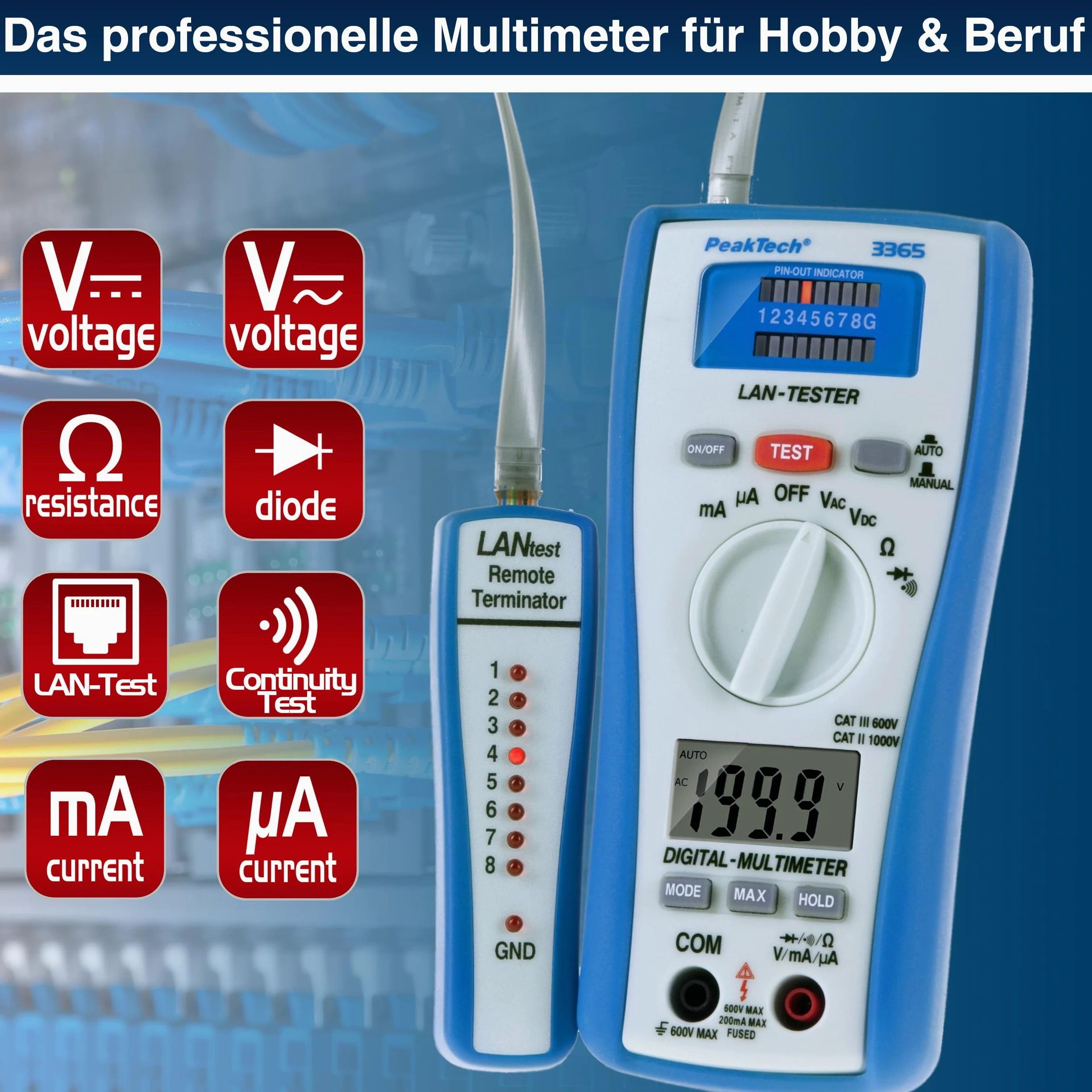 PeakTech P 3365 - Multimetr Cyfrowy ~ 2.000 zliczeń ~ 600V AC/DC ~ 200mA AC/DC - z LAN - Tester