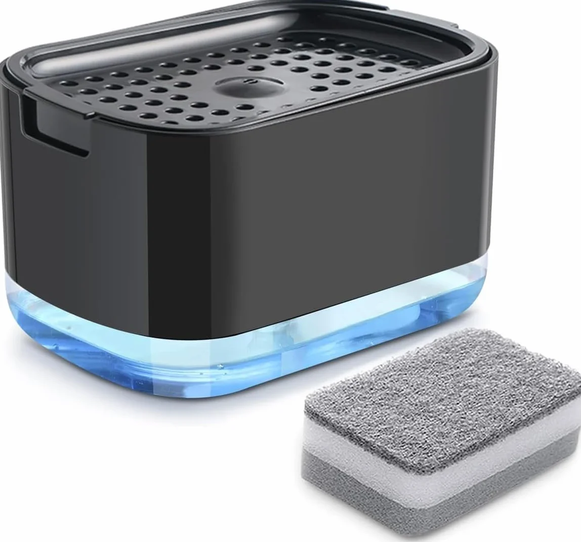 Collazoey Kitchen Washing Up Dozownik płynu do mycia 2 w 1, dozownik mydła z uchwytem na gąbkę, dozownik detergentu, w zestawie z gąbką do mycia naczyń (czarny)